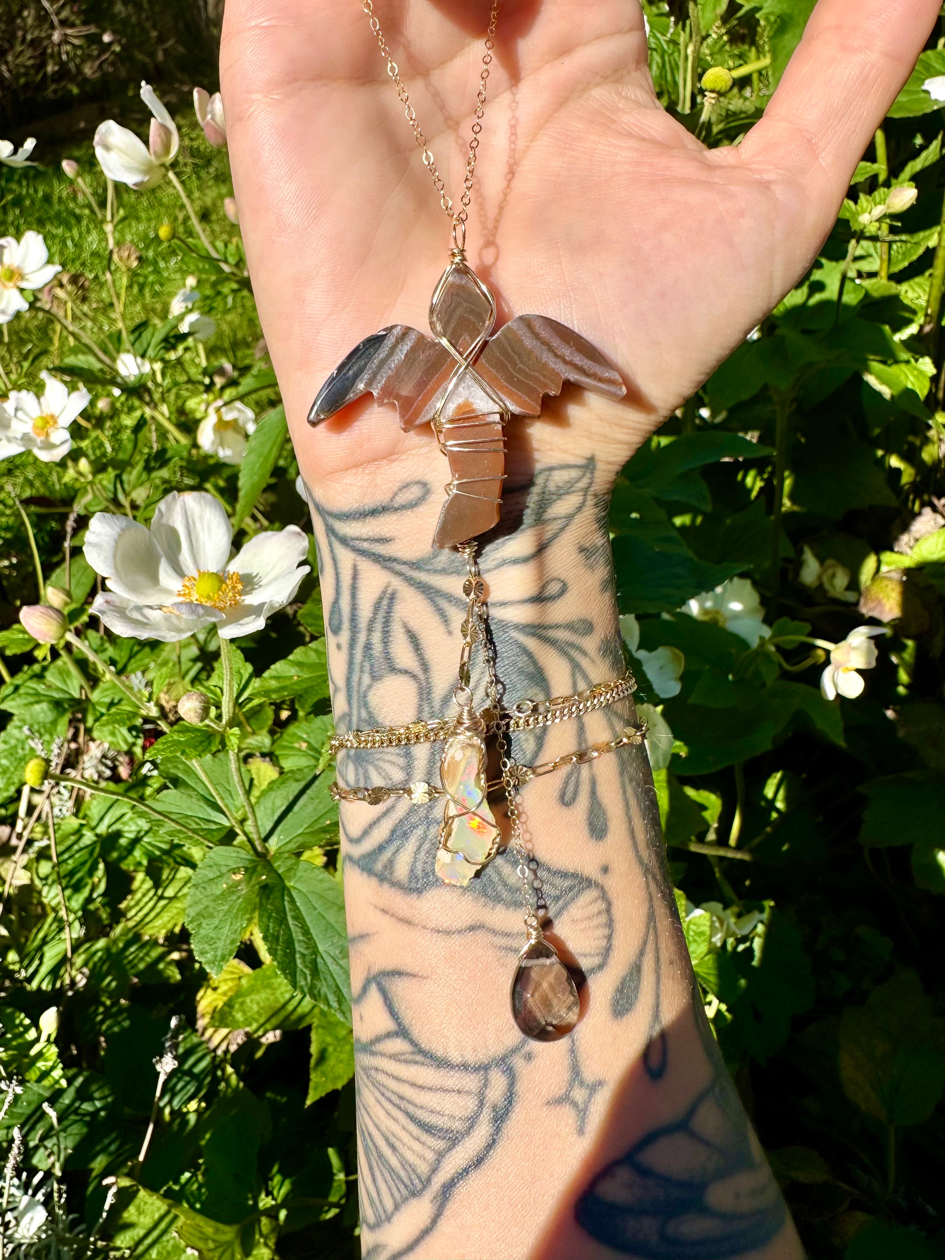 *one of one* carnelian dragon with raw opal smoky quartz cascading below • 14k gold fill mirror / window accessory