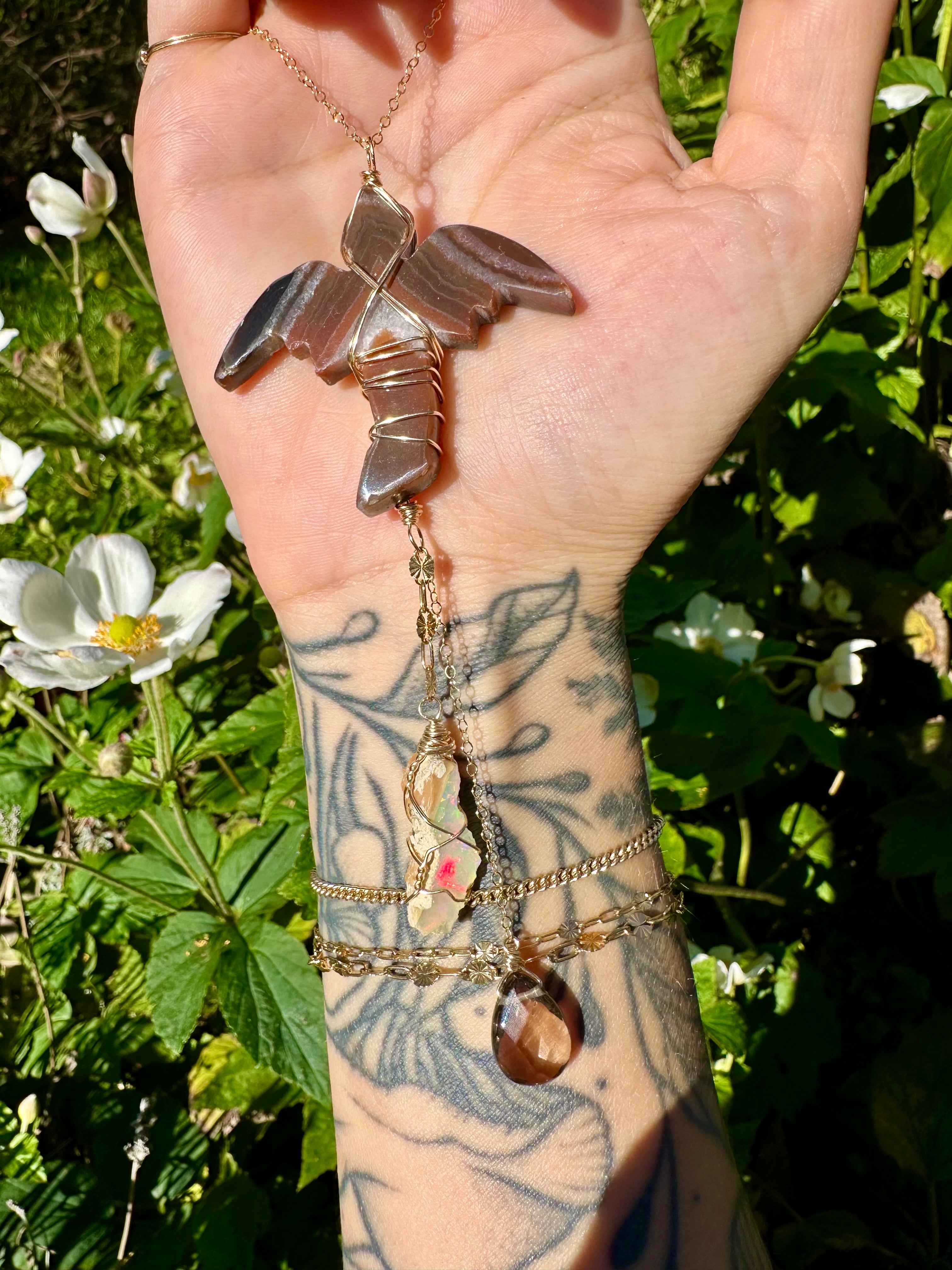 *one of one* carnelian dragon with raw opal smoky quartz cascading below • 14k gold fill mirror / window accessory