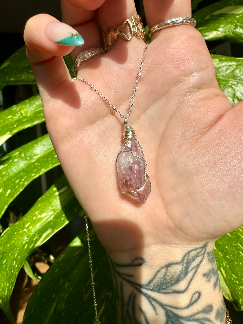 rainbow raw amethyst sterling silver necklace
