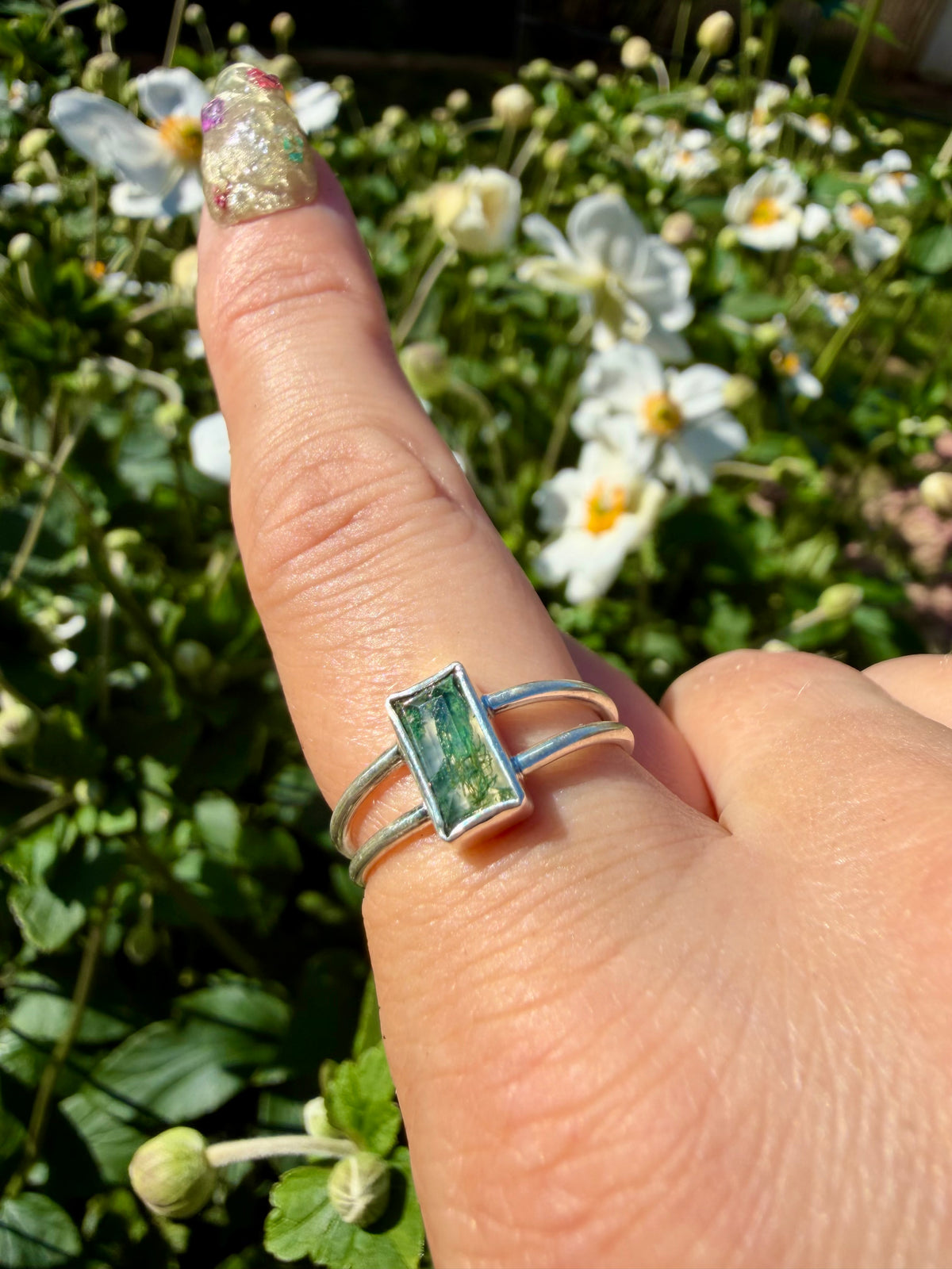 moss agate double band ring in sterling silver size 6.75