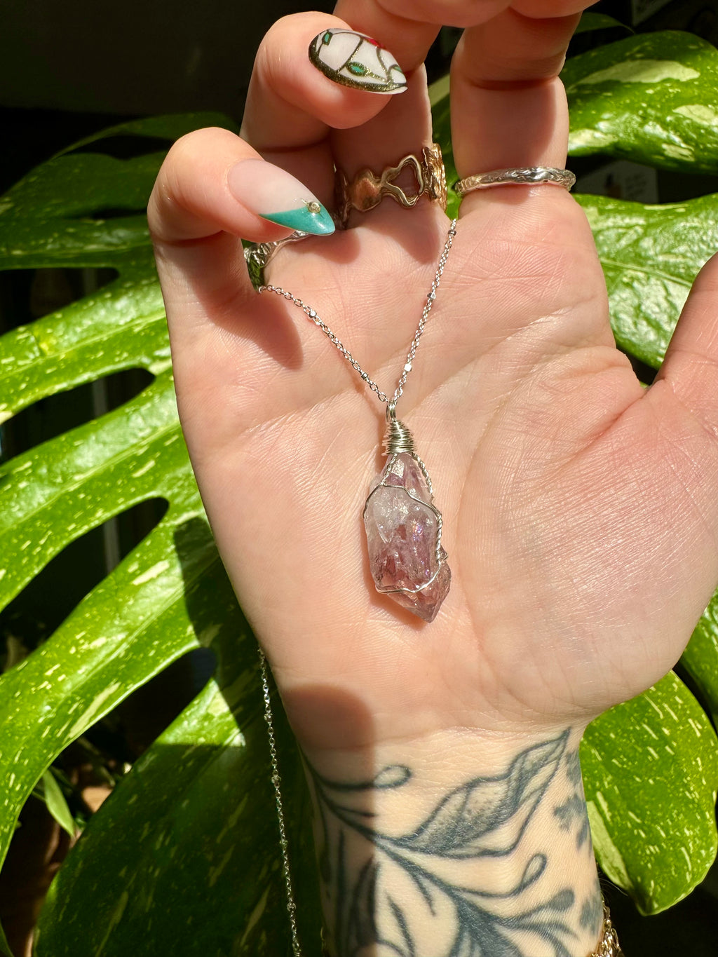 rainbow raw amethyst sterling silver necklace