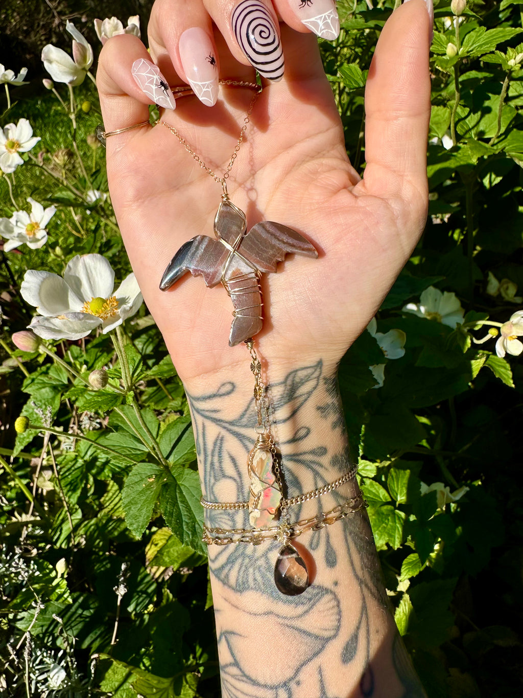 *one of one* carnelian dragon with raw opal smoky quartz cascading below • 14k gold fill mirror / window accessory