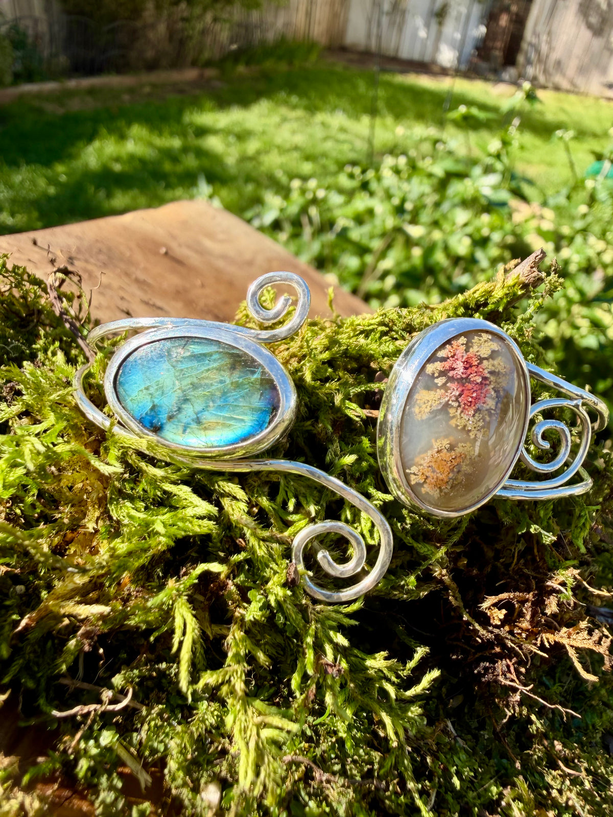 moss agate labradorite swirly cuff bracelet