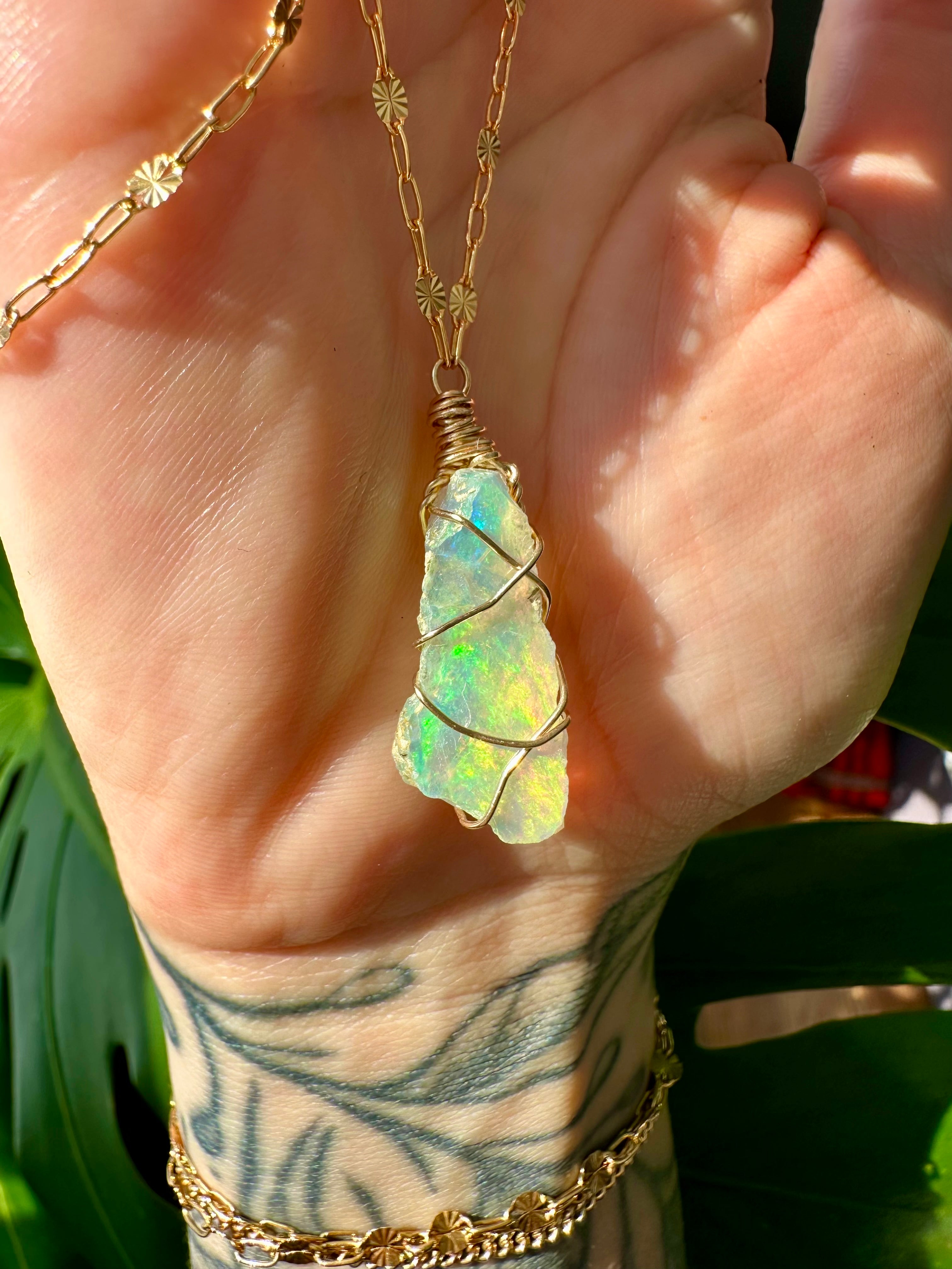sunburst iridescent raw opal 14k gold fill necklace