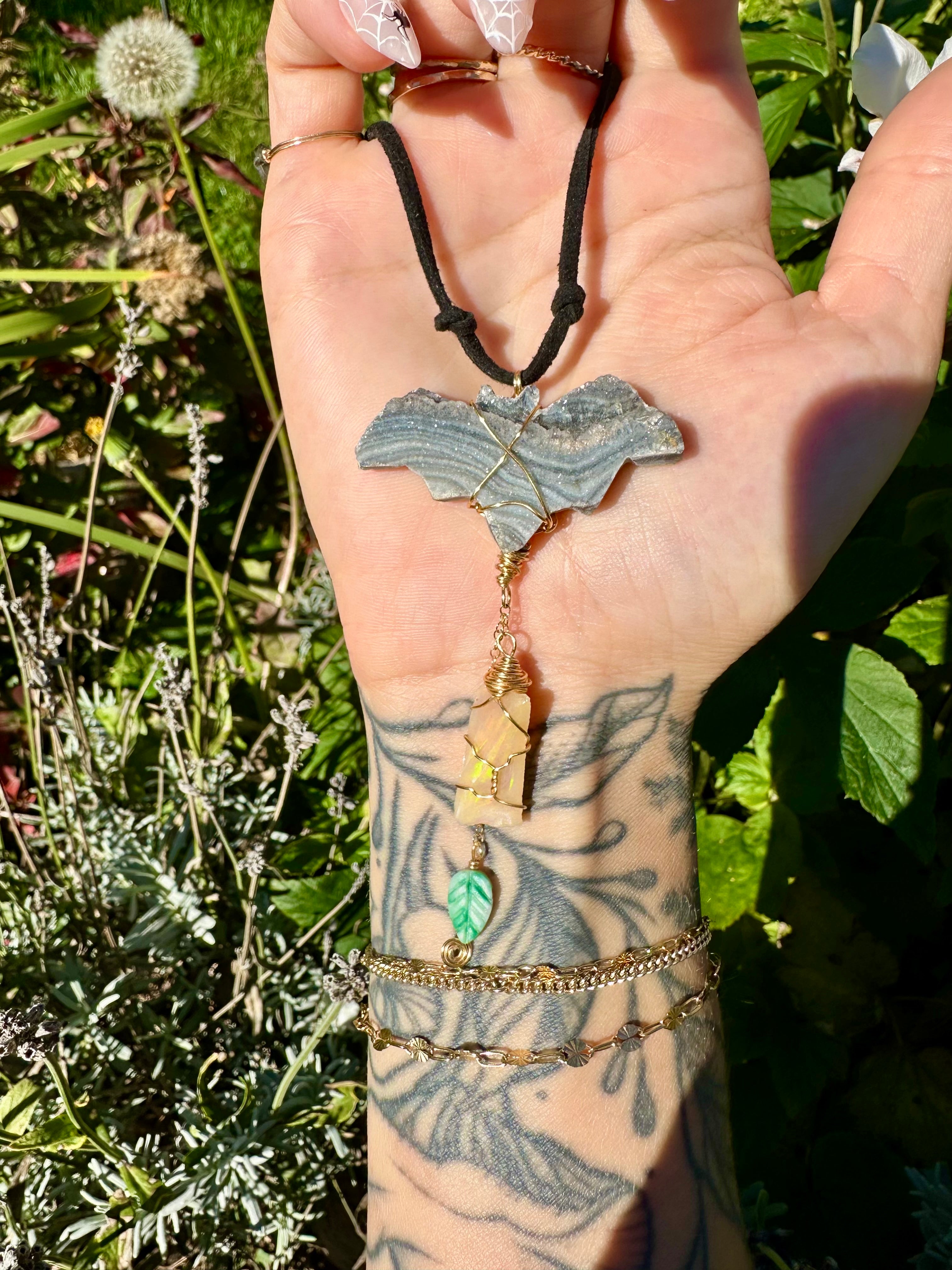 *one of one* chalcedony bat with raw opal & jade leaf cascading below • mirror / window accessory