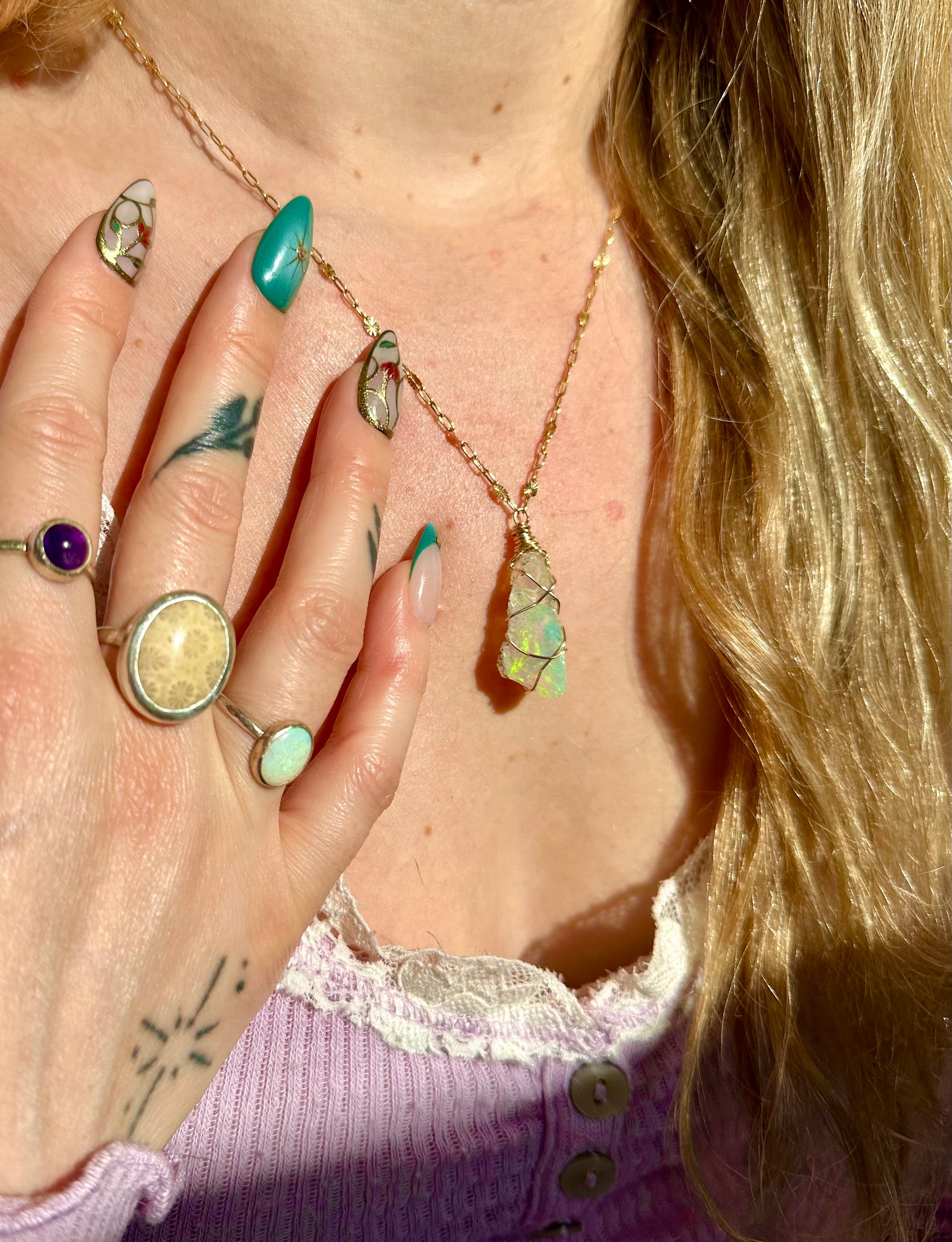 sunburst iridescent raw opal 14k gold fill necklace