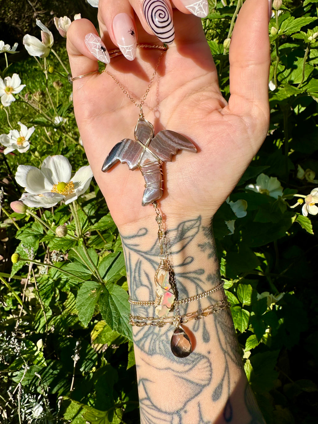 *one of one* carnelian dragon with raw opal smoky quartz cascading below • 14k gold fill mirror / window accessory