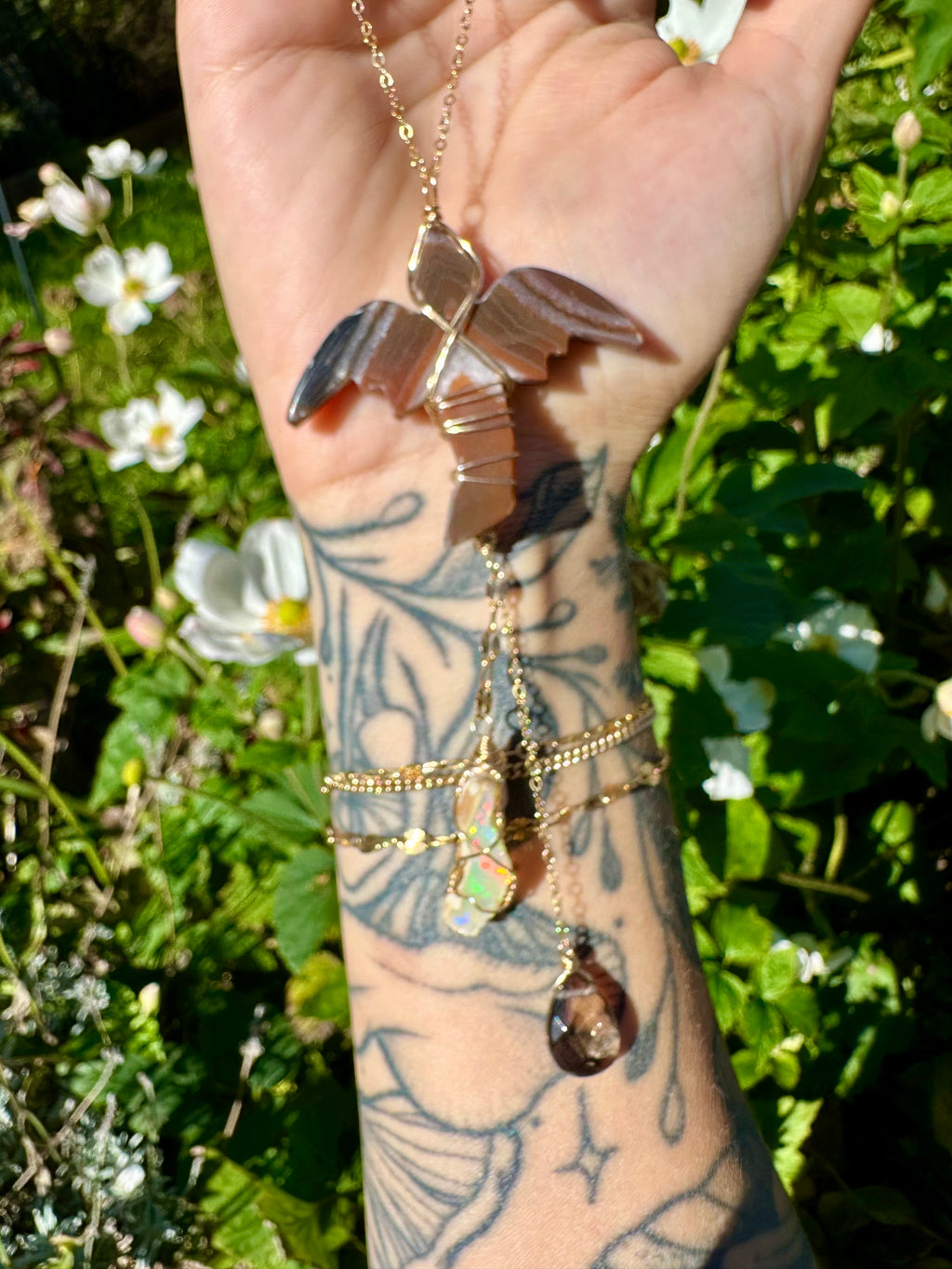 *one of one* carnelian dragon with raw opal smoky quartz cascading below • 14k gold fill mirror / window accessory