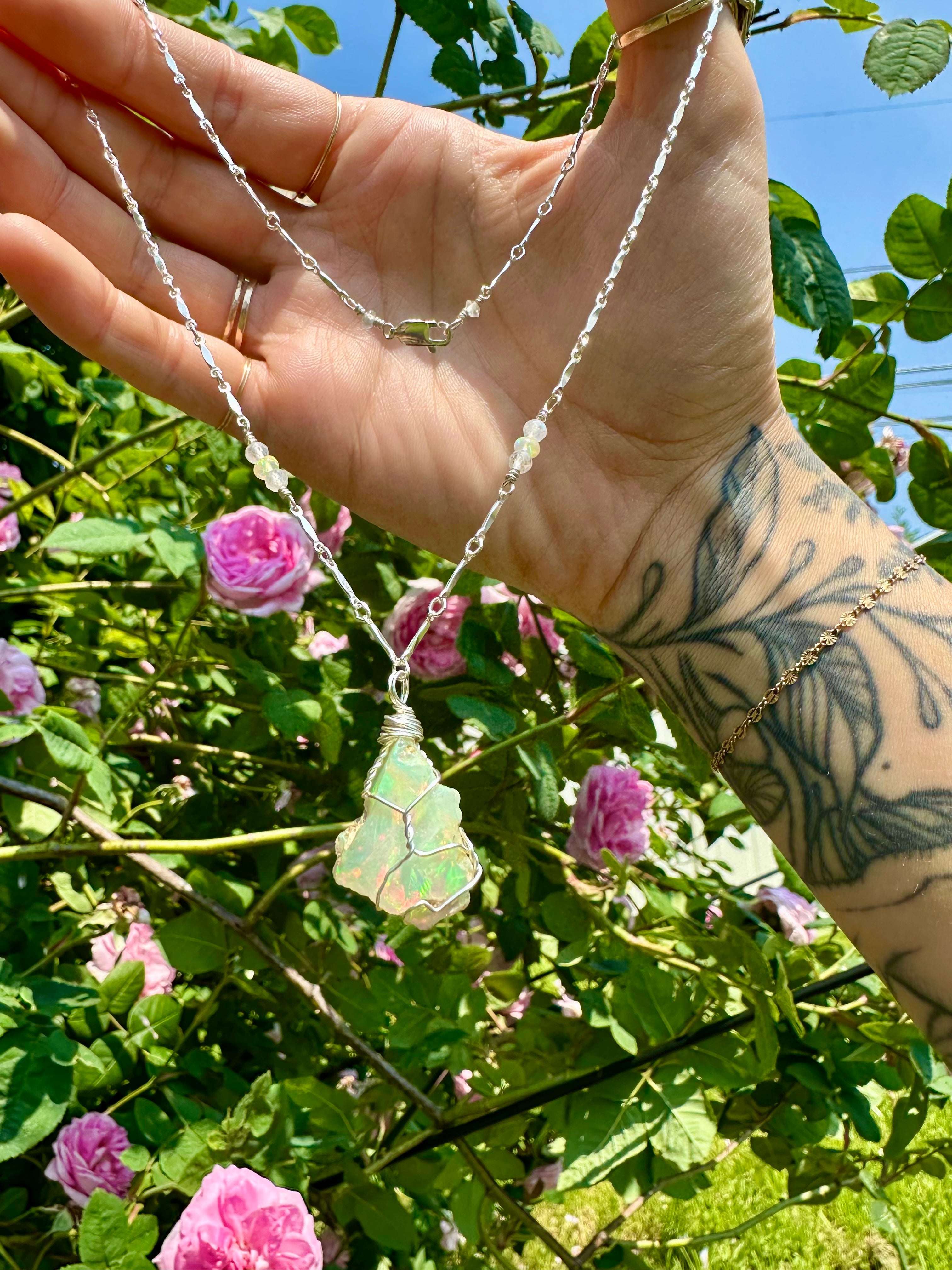 *one of one* raw opal necklace in sterling silver detailed chain 🌈