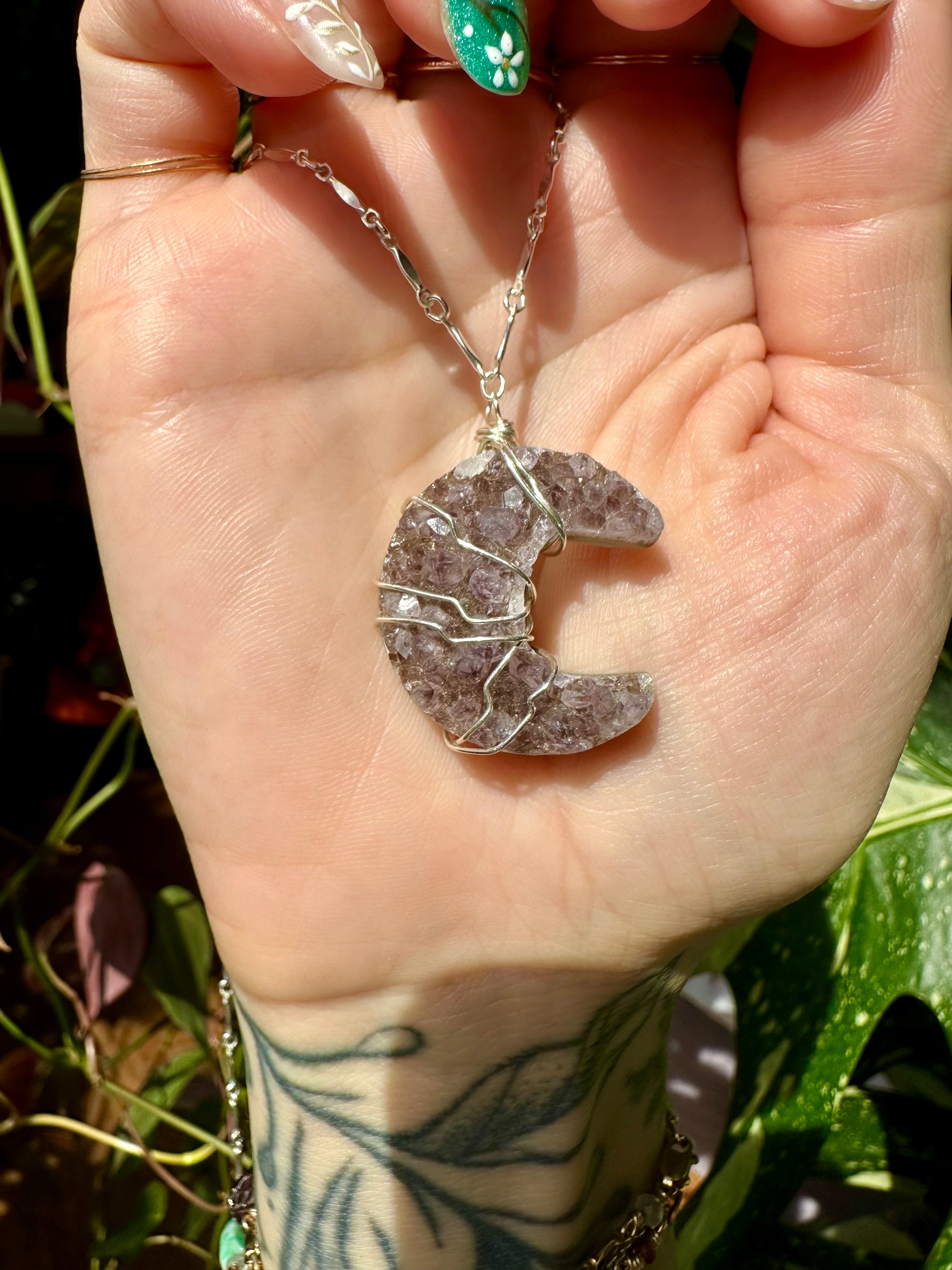 *one of one* amethyst druzy moon necklace in sterling silver