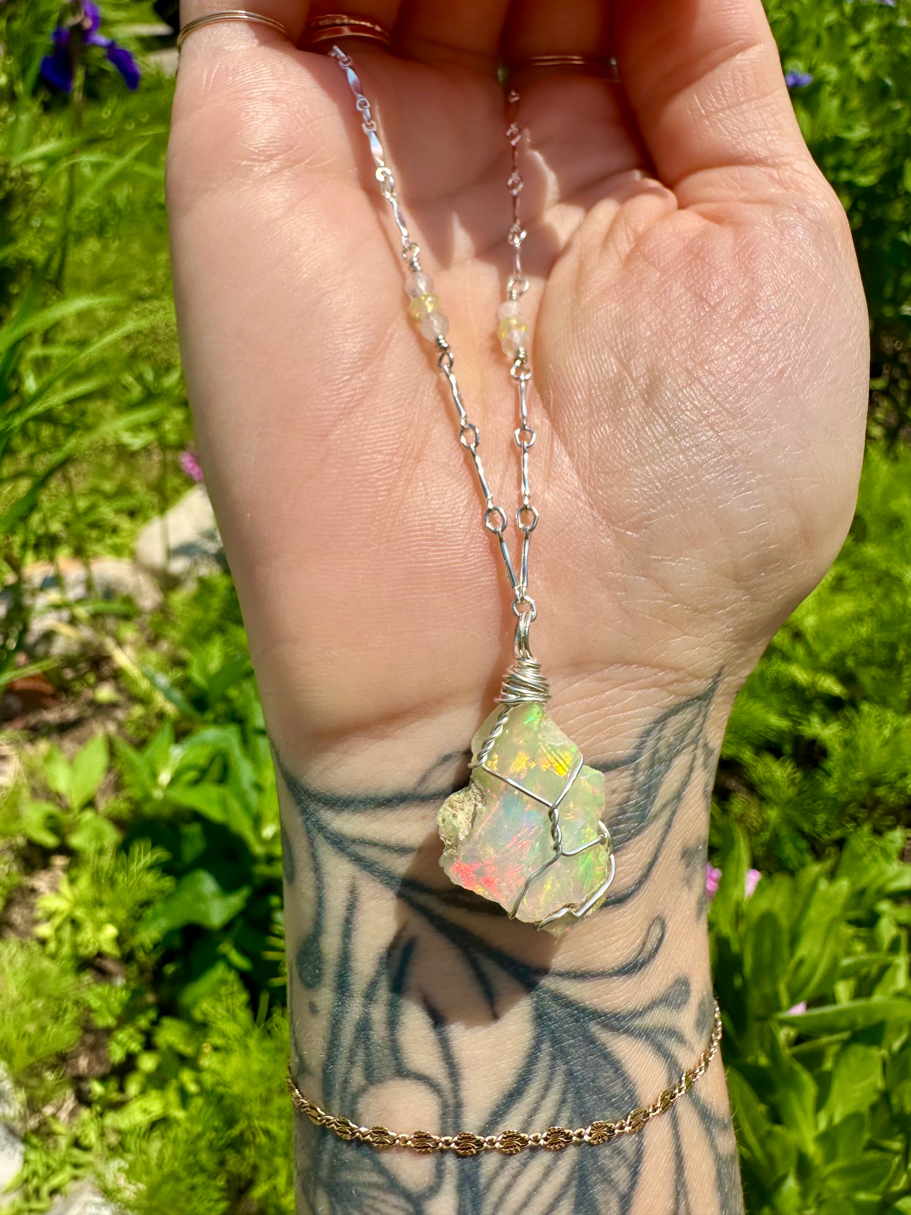 *one of one* raw opal necklace in sterling silver detailed chain 🌈