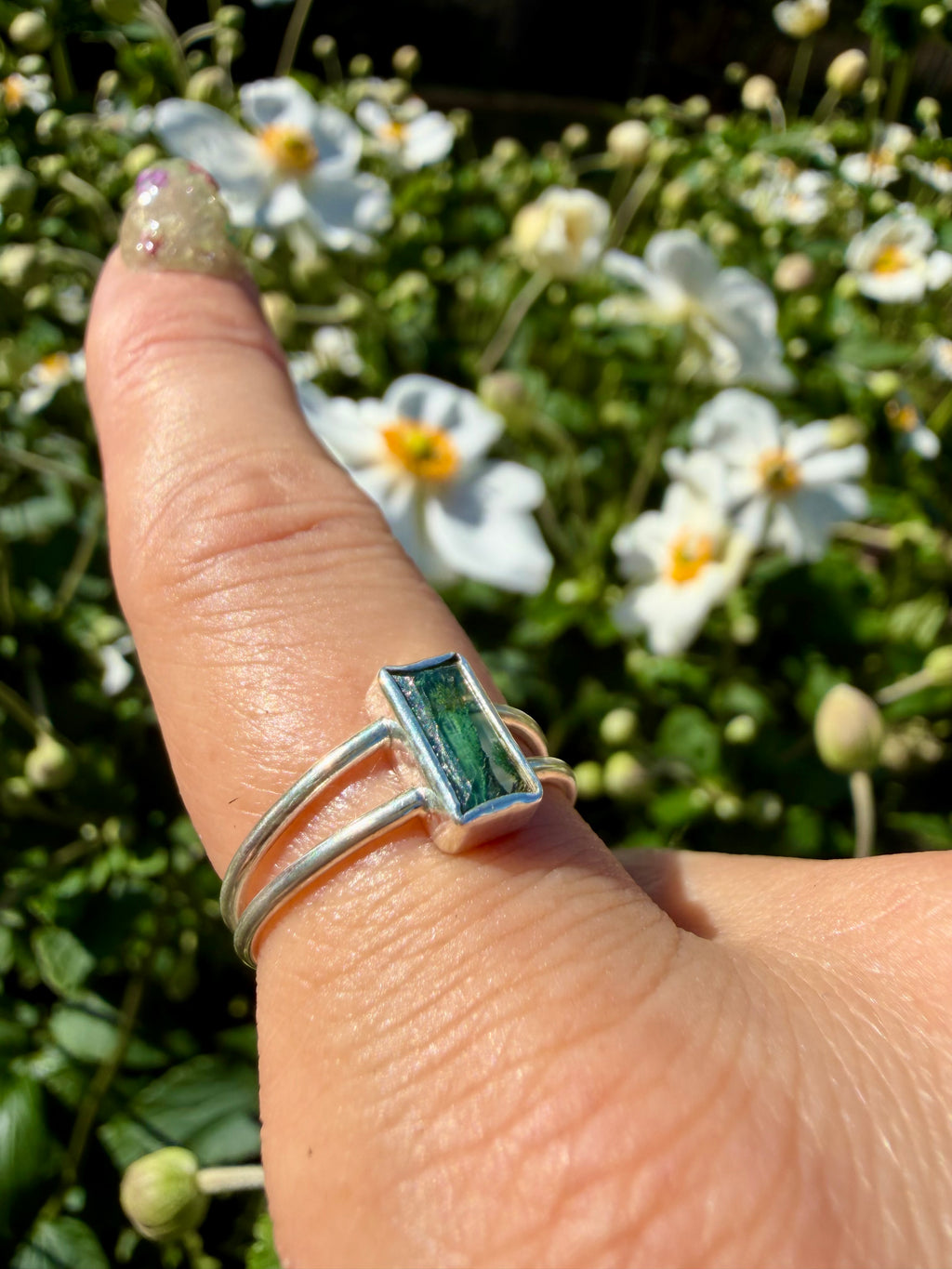 moss agate double band ring in sterling silver size 6.75