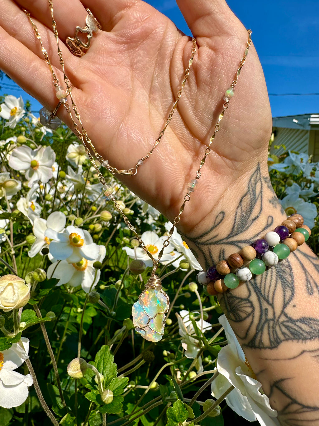 ♡one of one♡ raw opal necklace with detailed gold chain