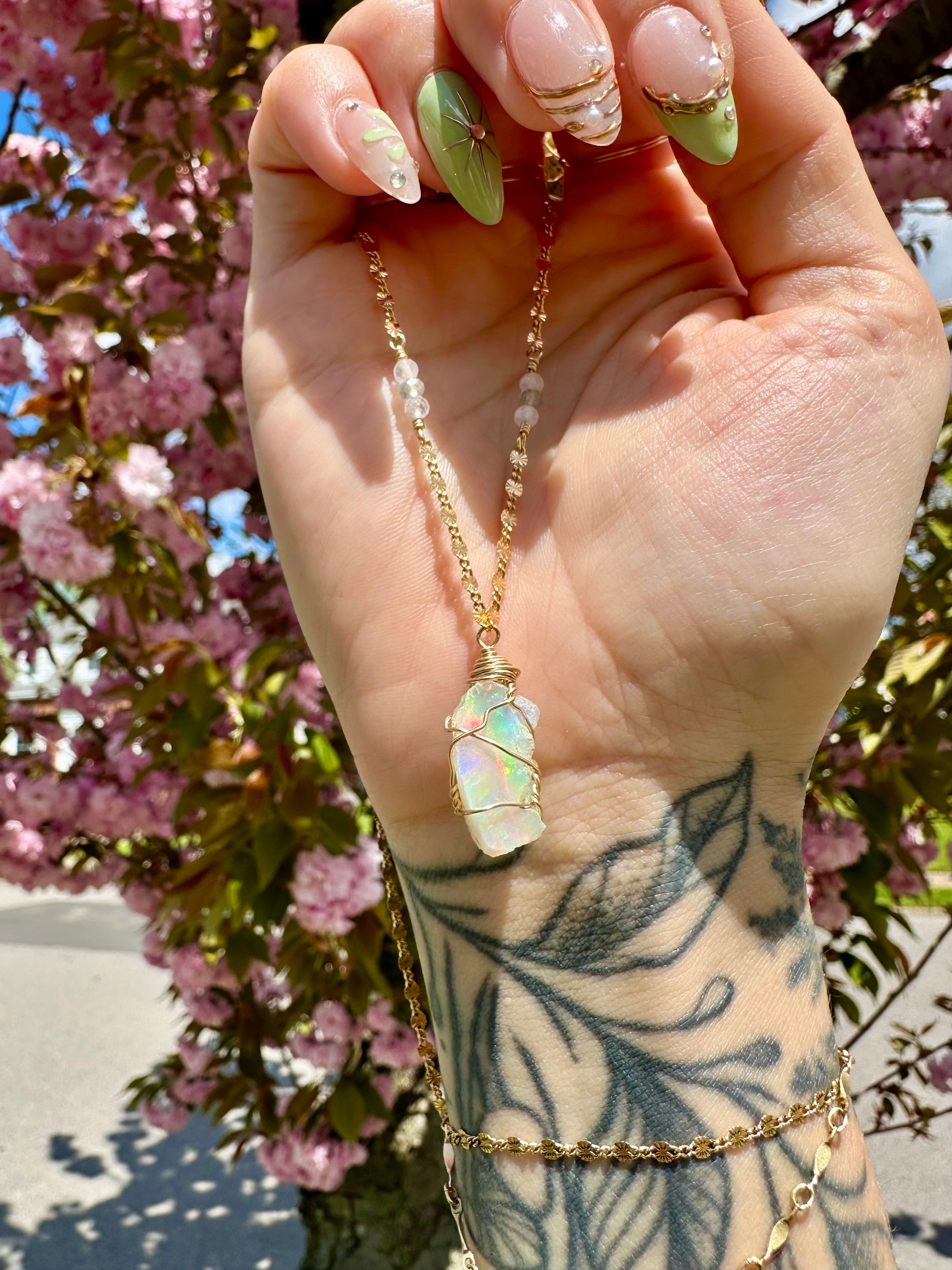 *one of one* ♡ iridescent raw opal necklace in 14k gold *