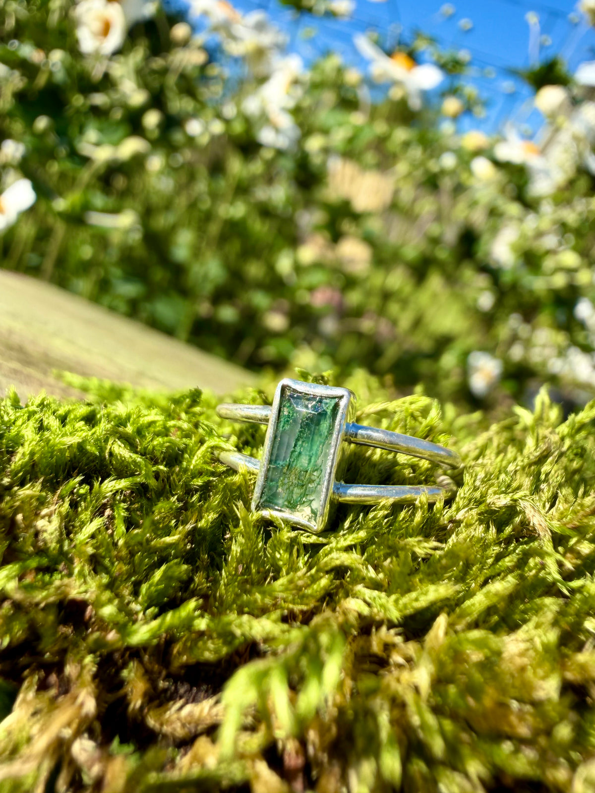 moss agate double band ring in sterling silver size 6.75