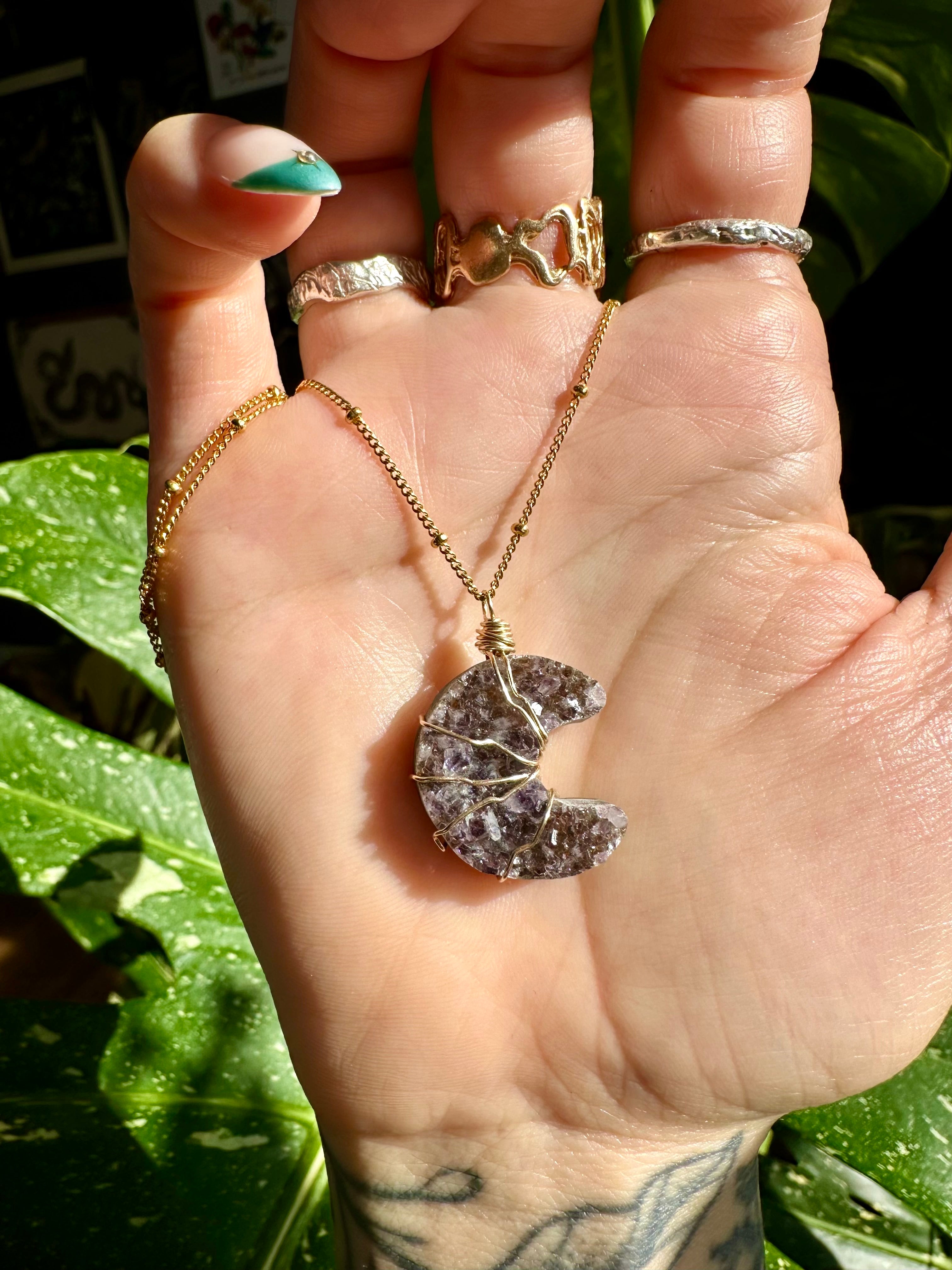 raw amethyst moon 14k gold fill necklace