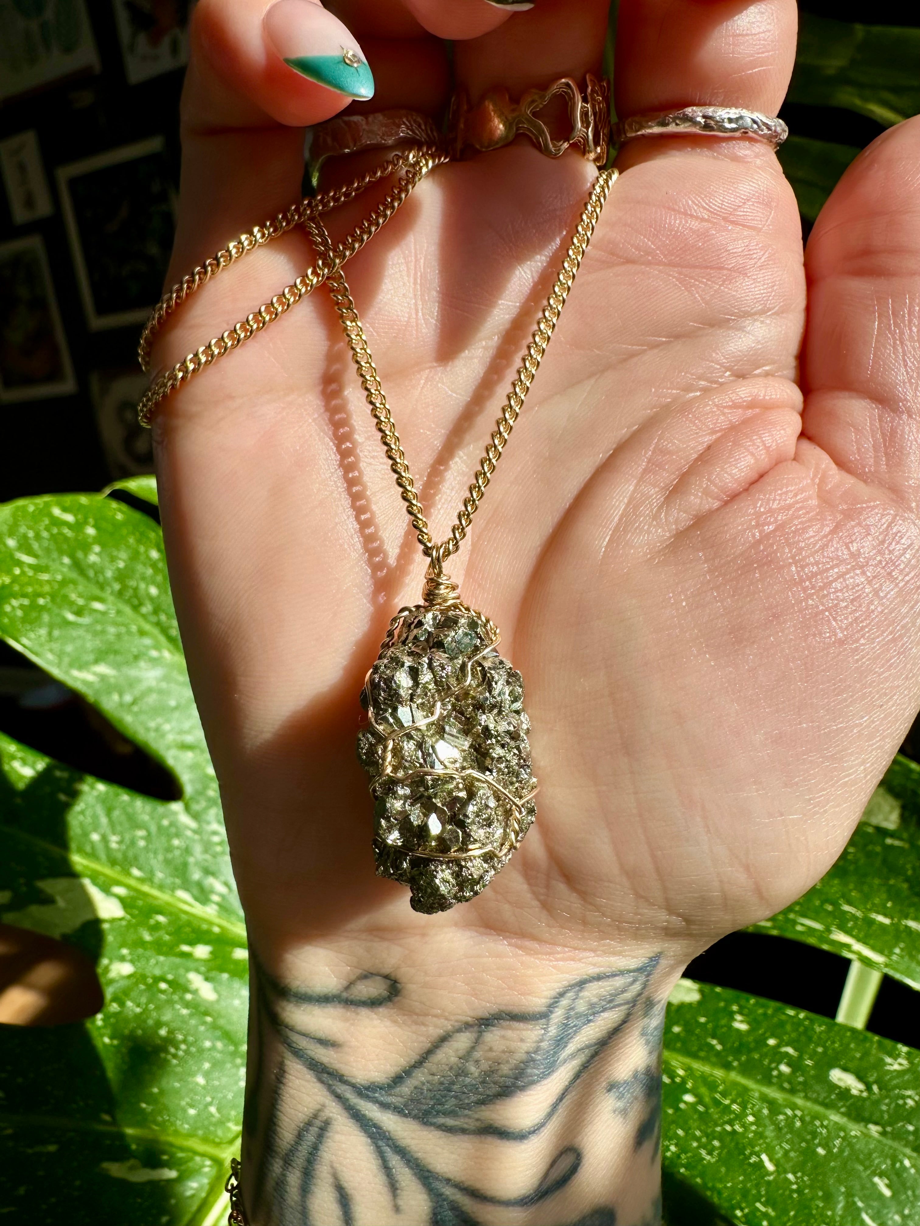 raw pyrite nug 14k gold fill necklace