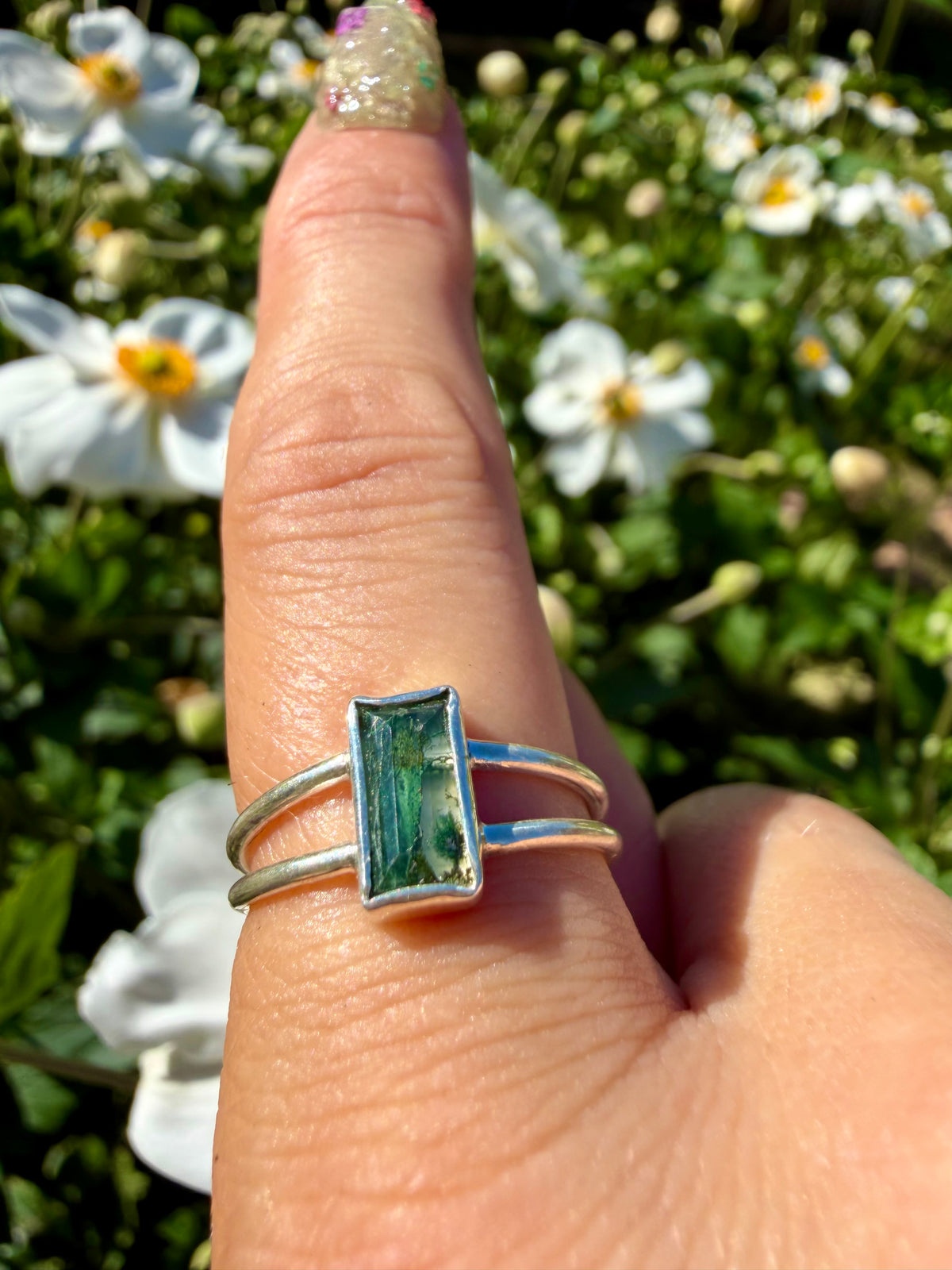 moss agate double band ring in sterling silver size 6.75