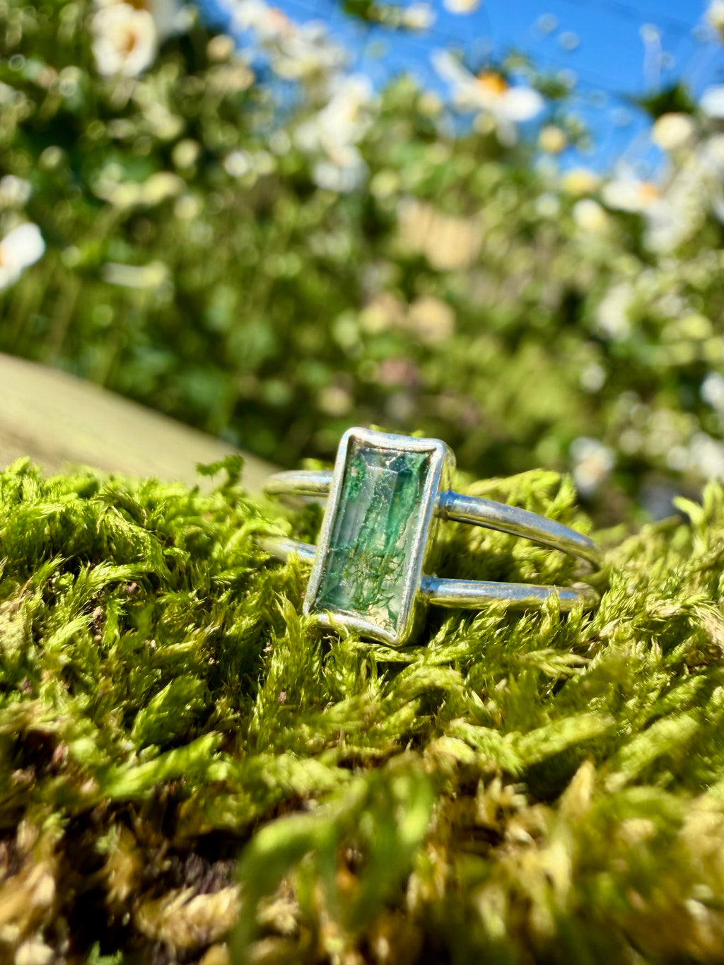 moss agate double band ring in sterling silver size 6.75