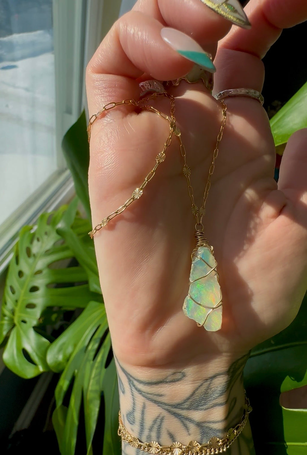 sunburst iridescent raw opal 14k gold fill necklace