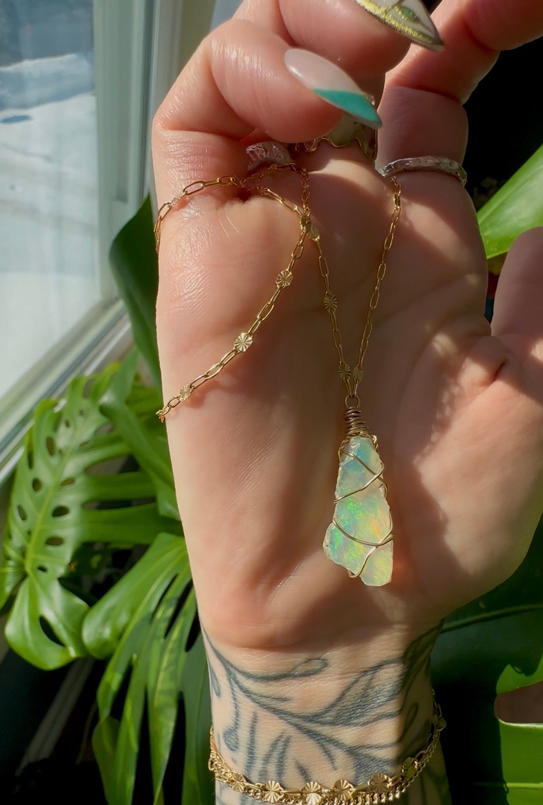 sunburst iridescent raw opal 14k gold fill necklace