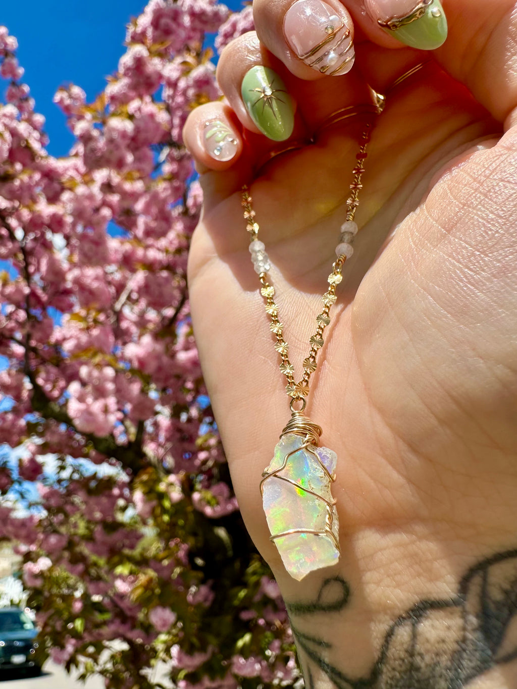 *one of one* ♡ iridescent raw opal necklace in 14k gold *
