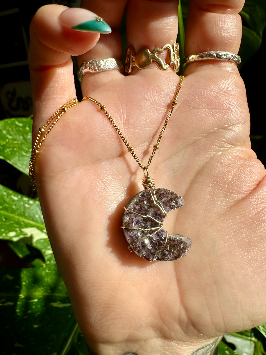 raw amethyst moon 14k gold fill necklace