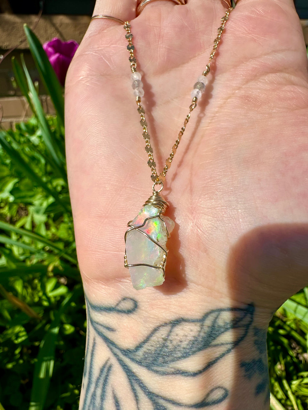 *one of one* ♡ iridescent raw opal necklace in 14k gold *