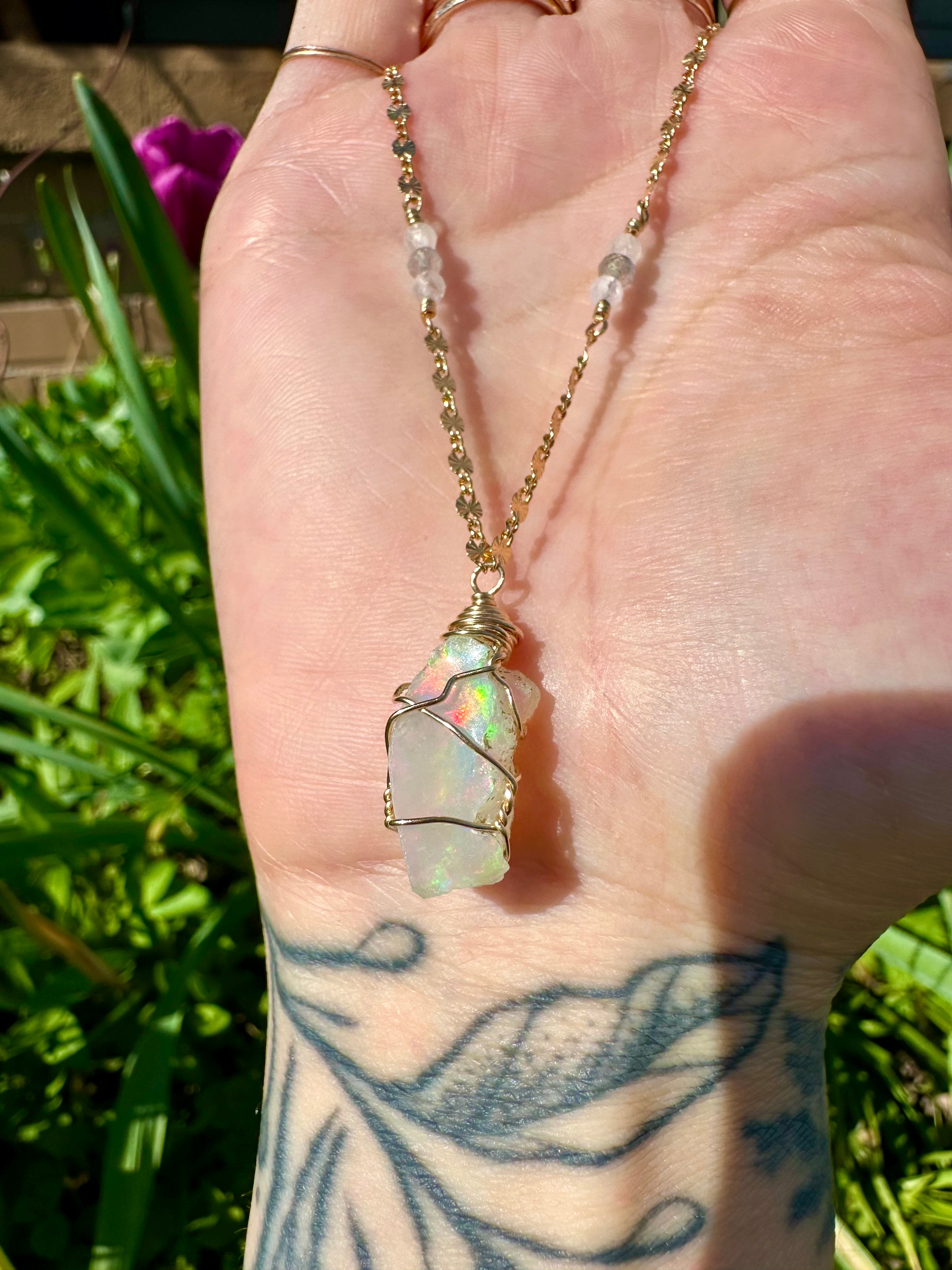 *one of one* ♡ iridescent raw opal necklace in 14k gold *