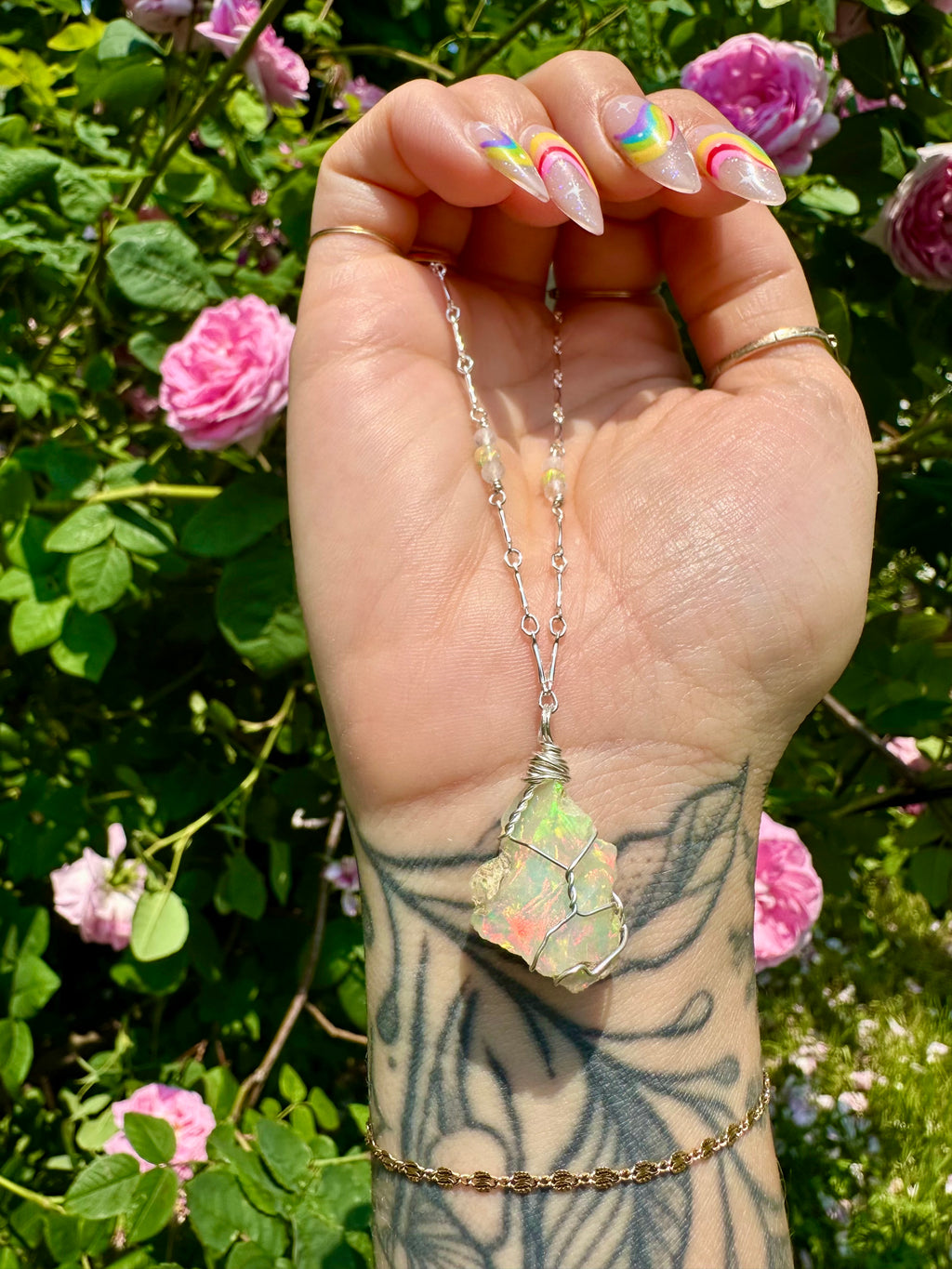 *one of one* raw opal necklace in sterling silver detailed chain 🌈