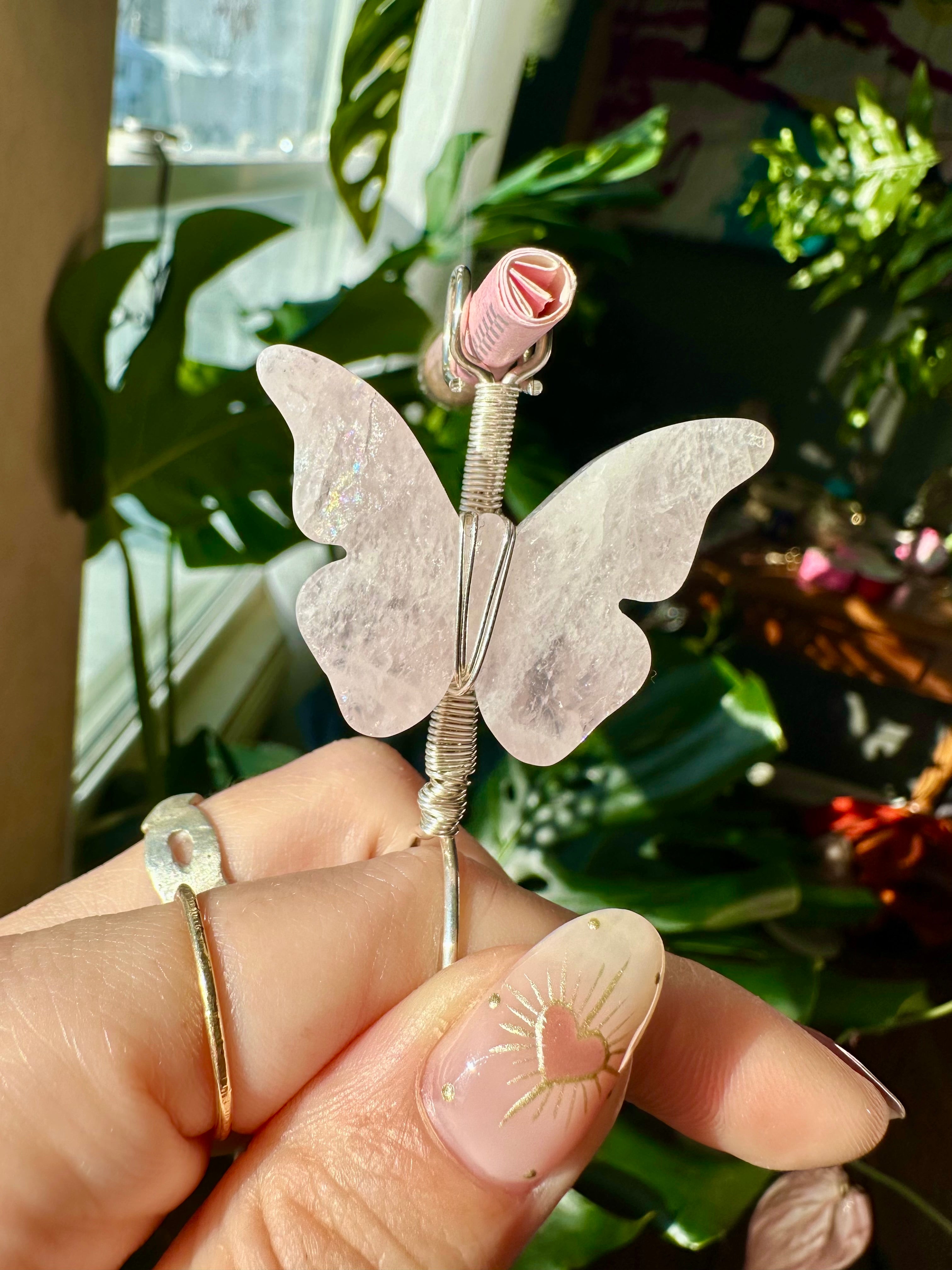 *one of one♡ hidden rainbow rose quartz butterfly sterling silver smoke ring