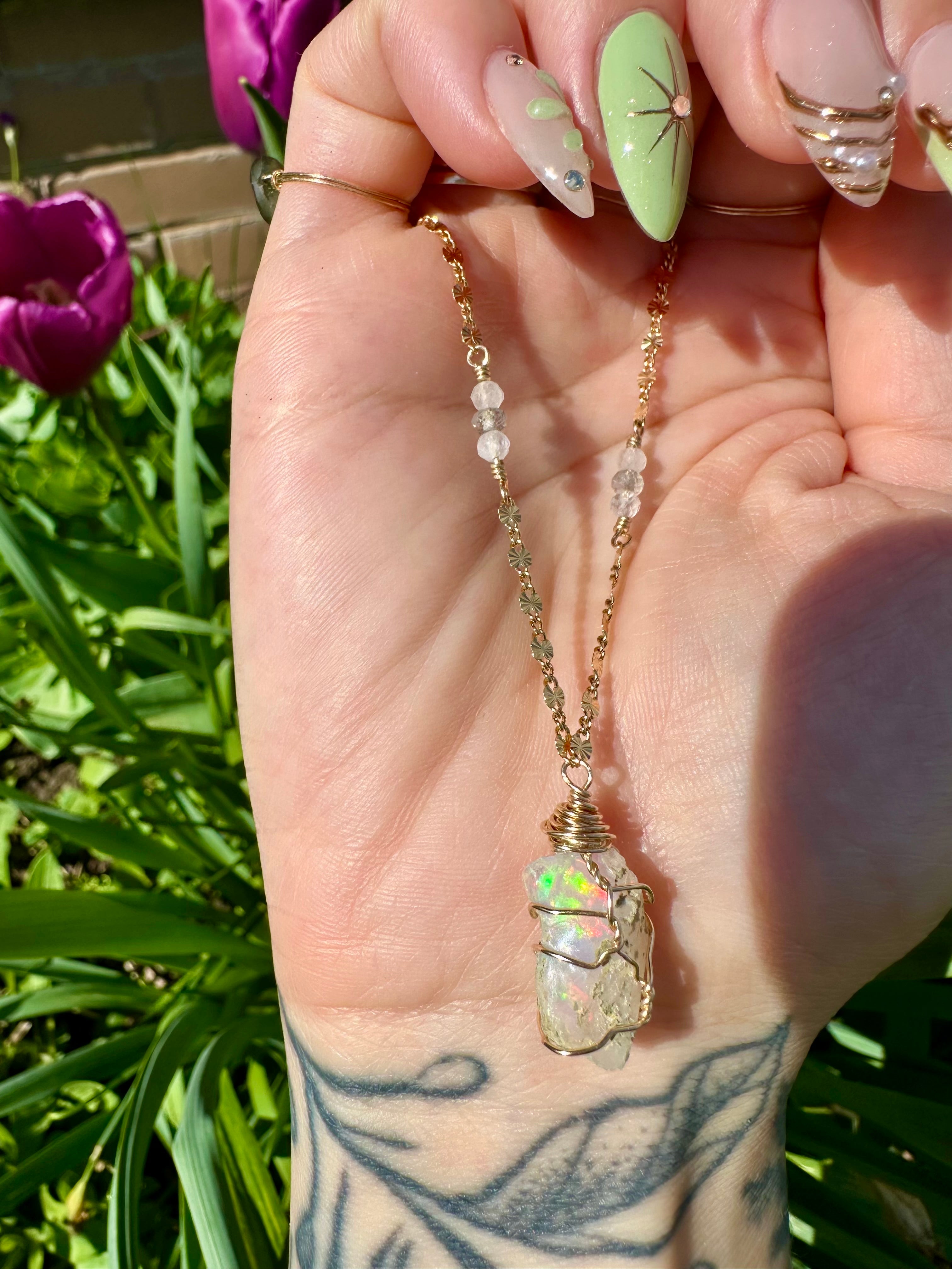 *one of one* ♡ iridescent raw opal necklace in 14k gold *