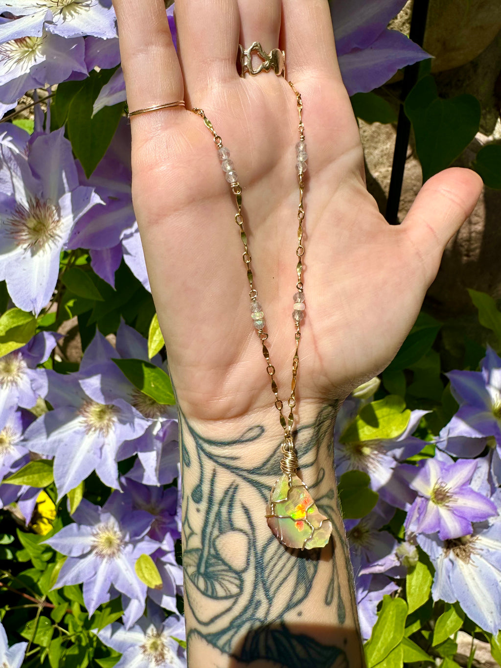 🌈♡one of one♡ iridescent raw opal necklace 14k gold