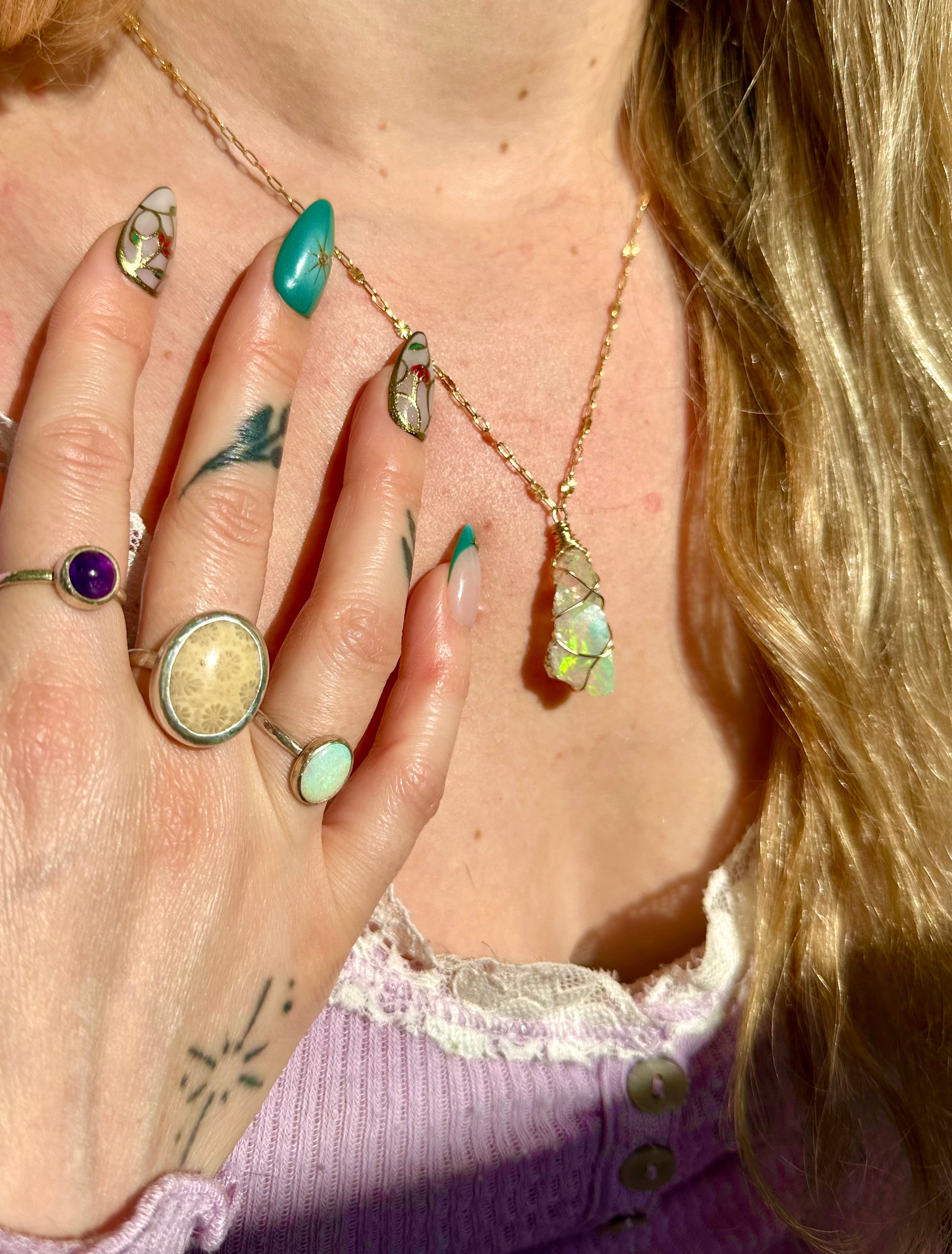 sunburst iridescent raw opal 14k gold fill necklace