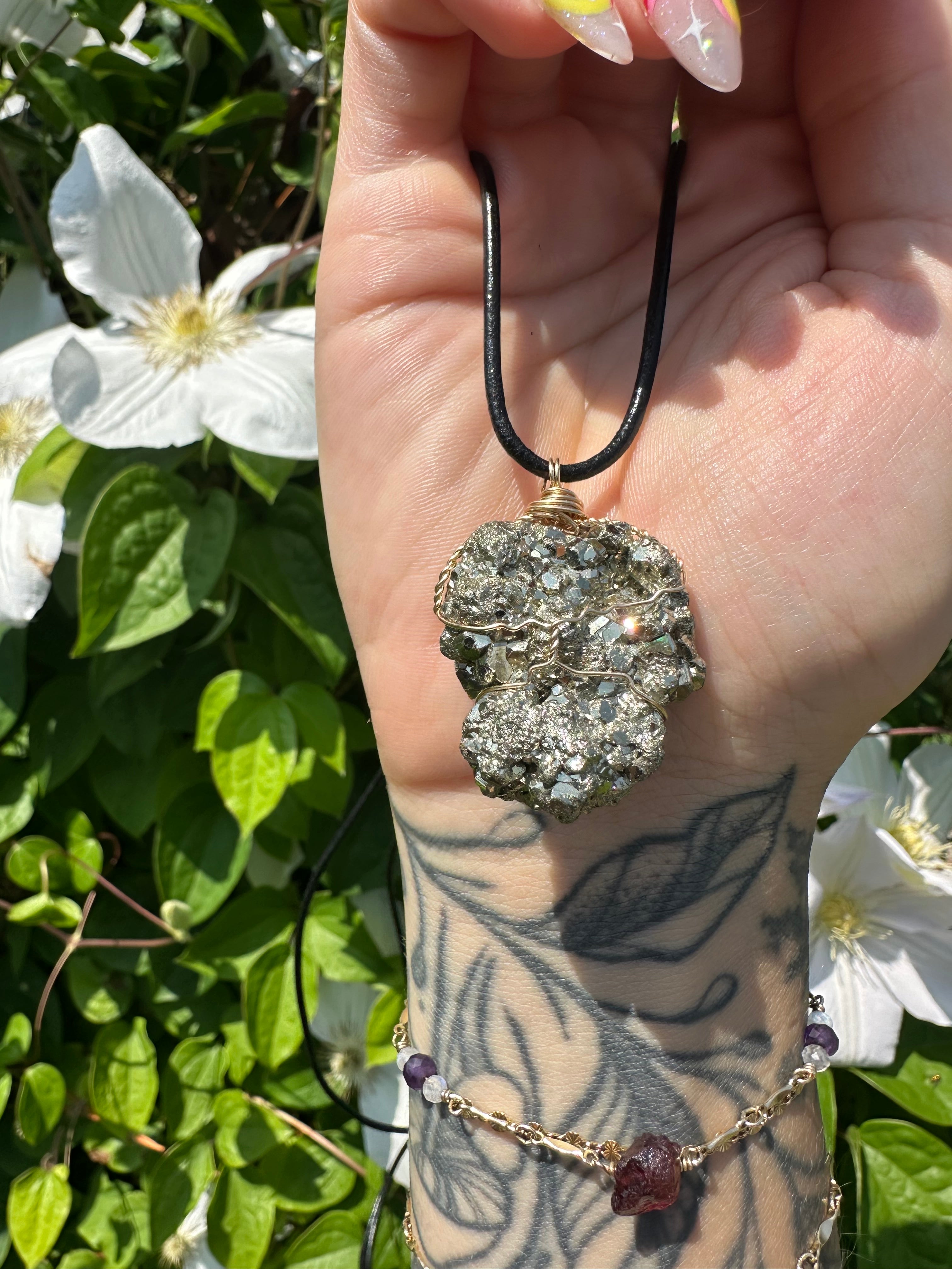 raw pyrite nug in 14k gold fill on adjustable cord