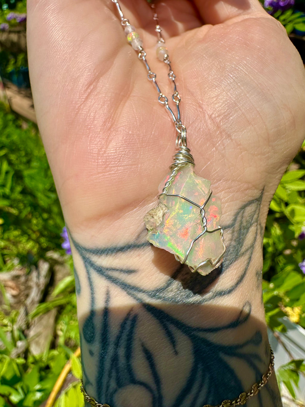 *one of one* raw opal necklace in sterling silver detailed chain 🌈