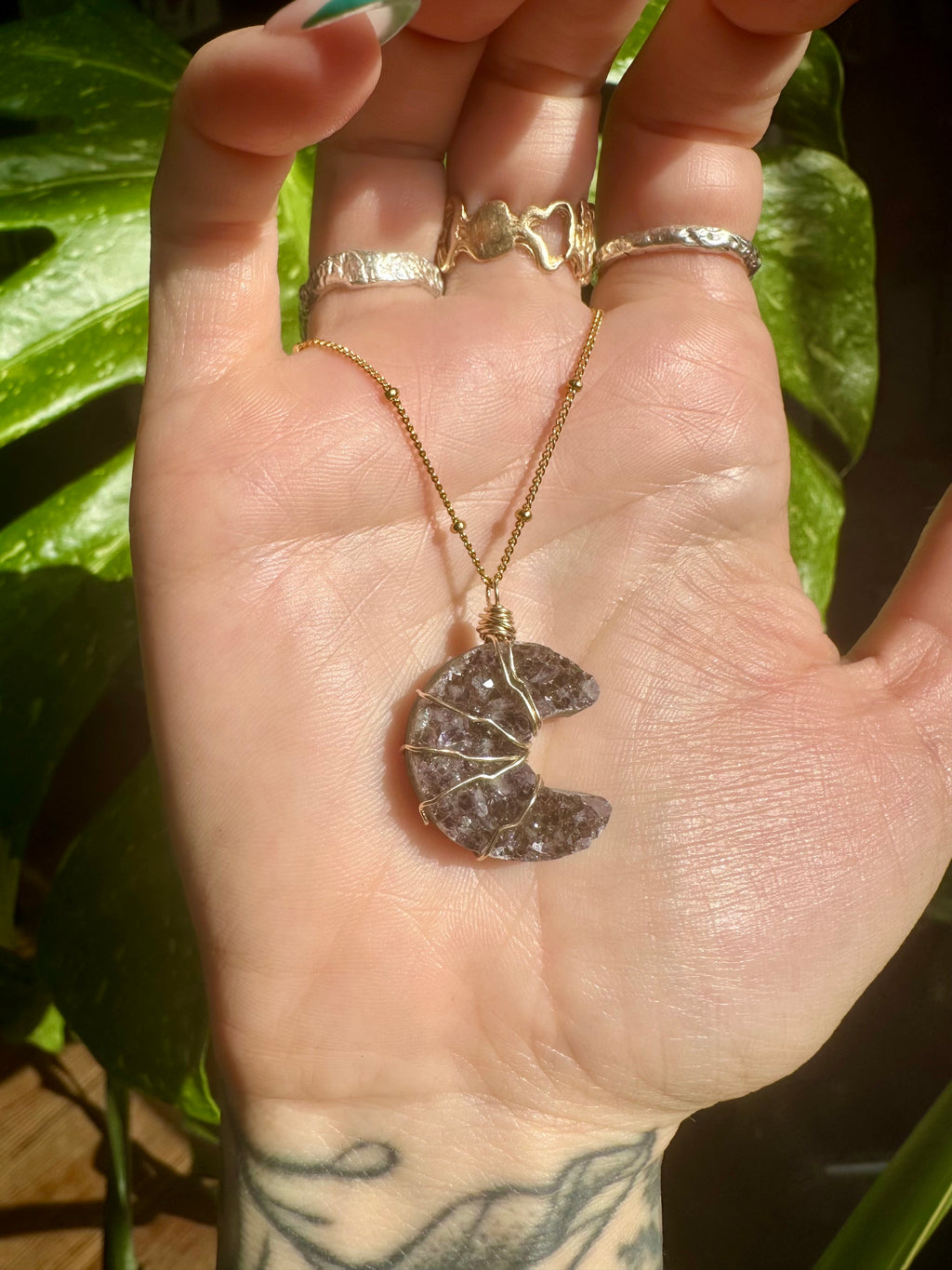 raw amethyst moon 14k gold fill necklace