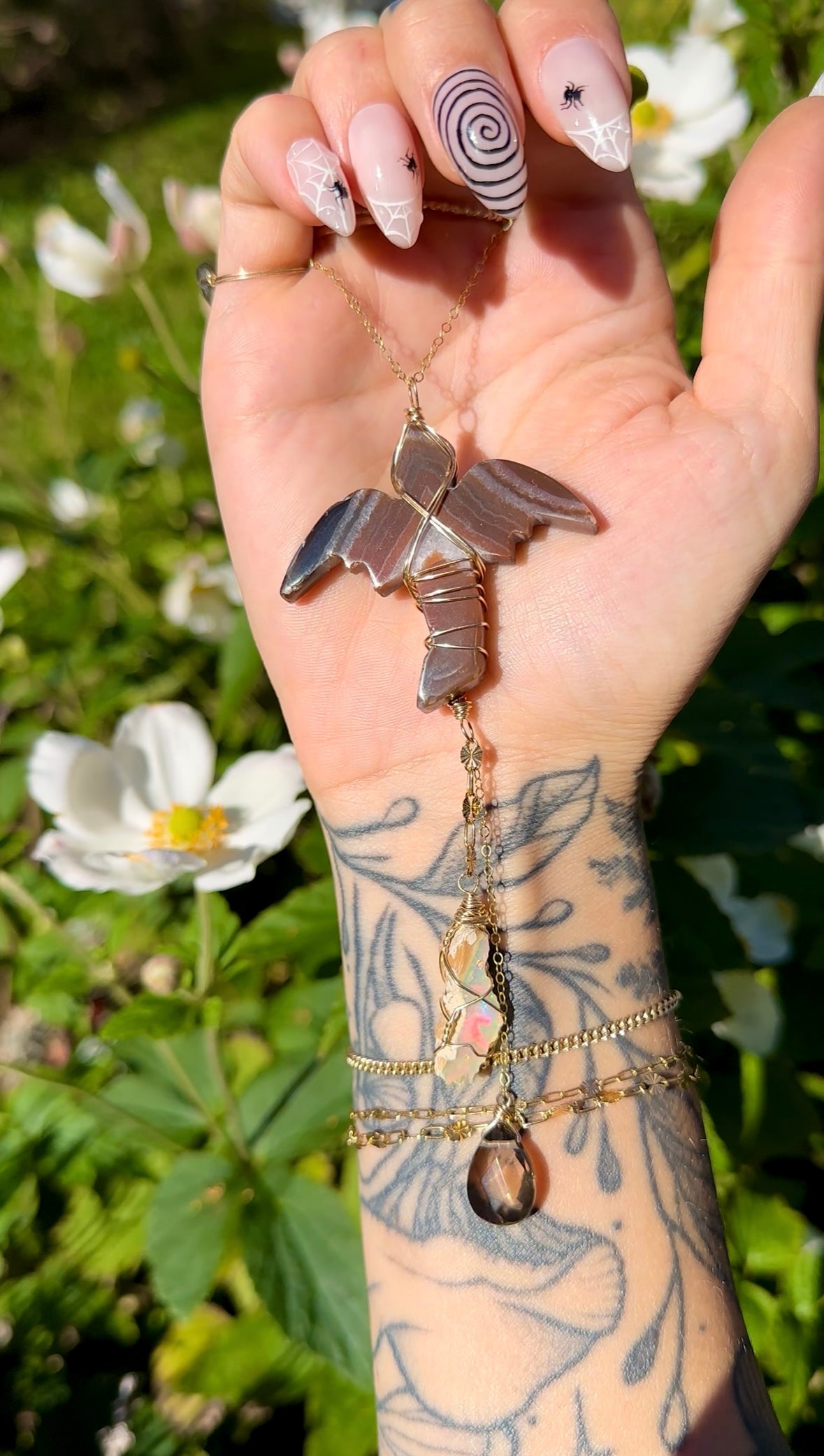 *one of one* carnelian dragon with raw opal smoky quartz cascading below • 14k gold fill mirror / window accessory