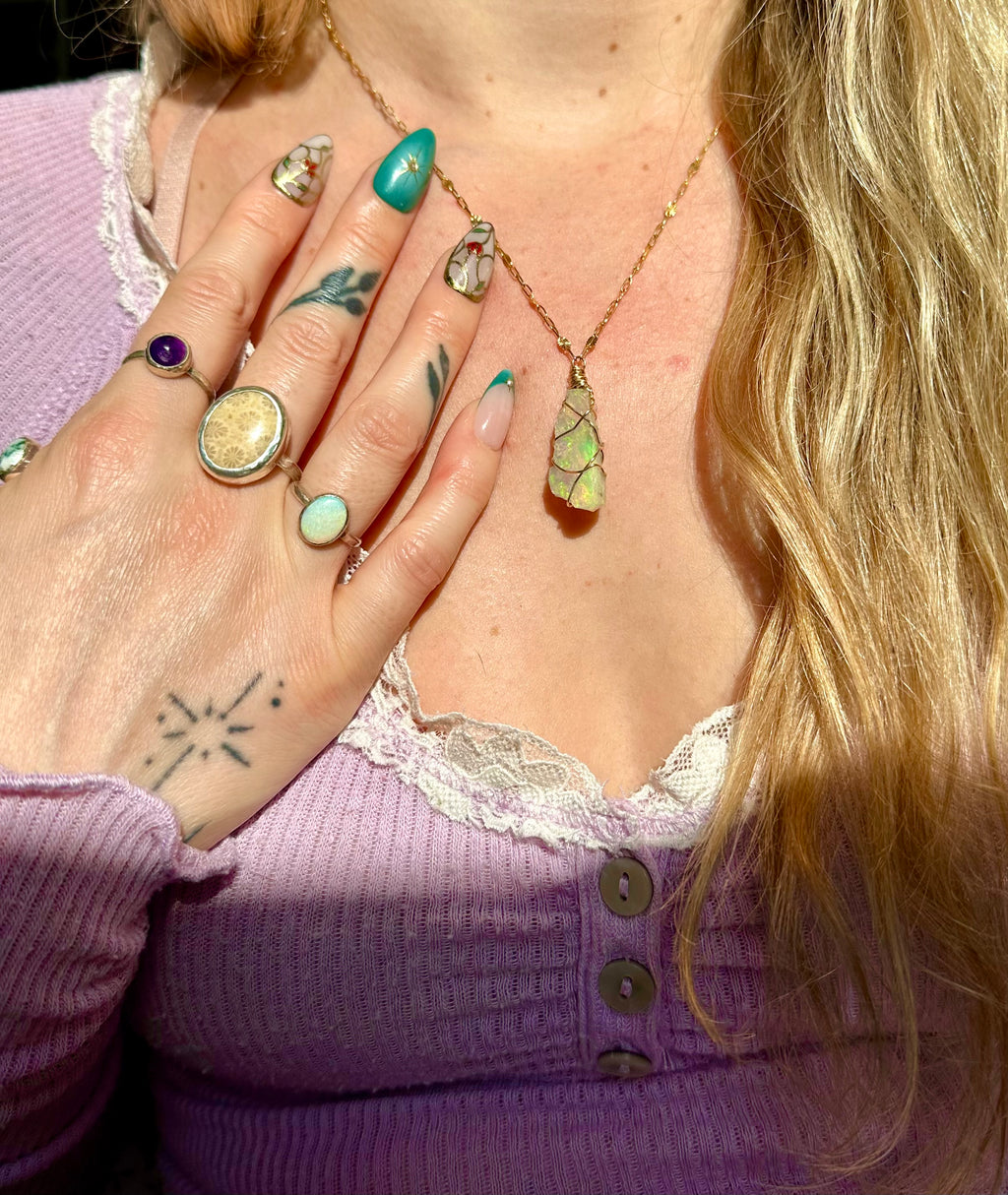 sunburst iridescent raw opal 14k gold fill necklace