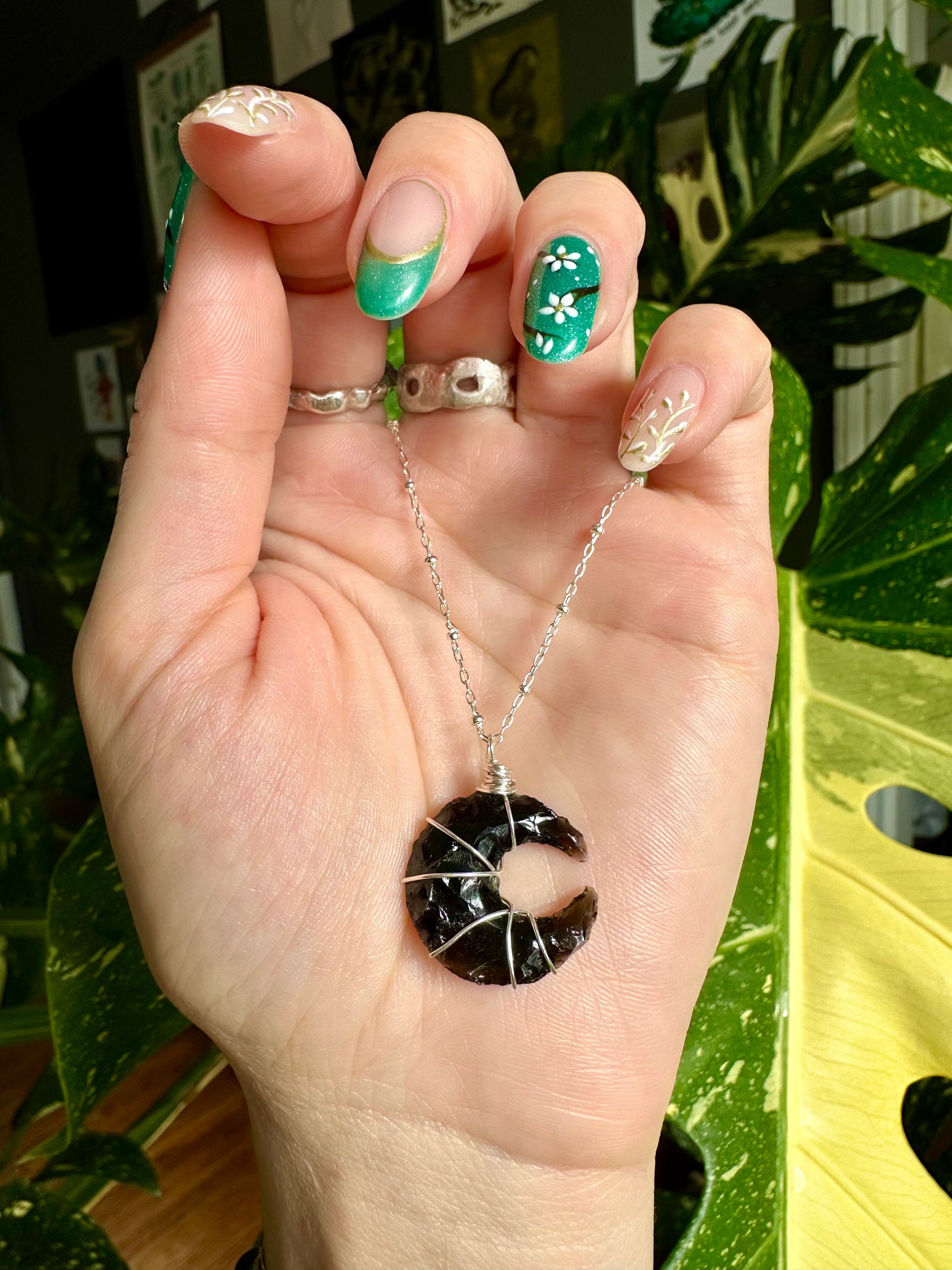 obsidian moon necklace - sterling silver