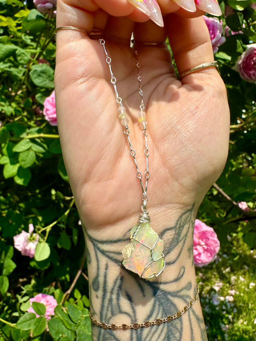 *one of one* raw opal necklace in sterling silver detailed chain 🌈