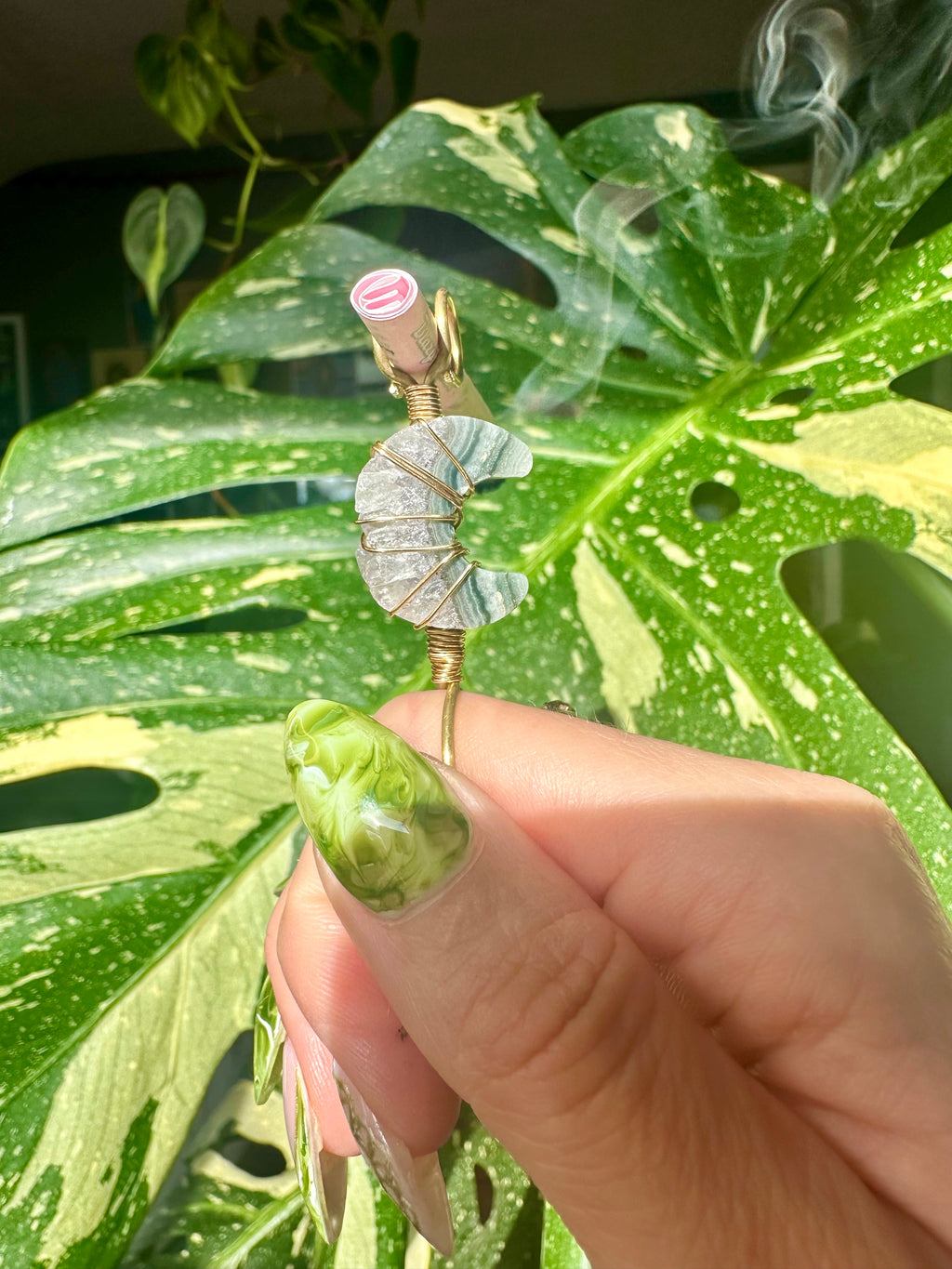 little agate quartz crystal moon  ☾ smoke ring ♡