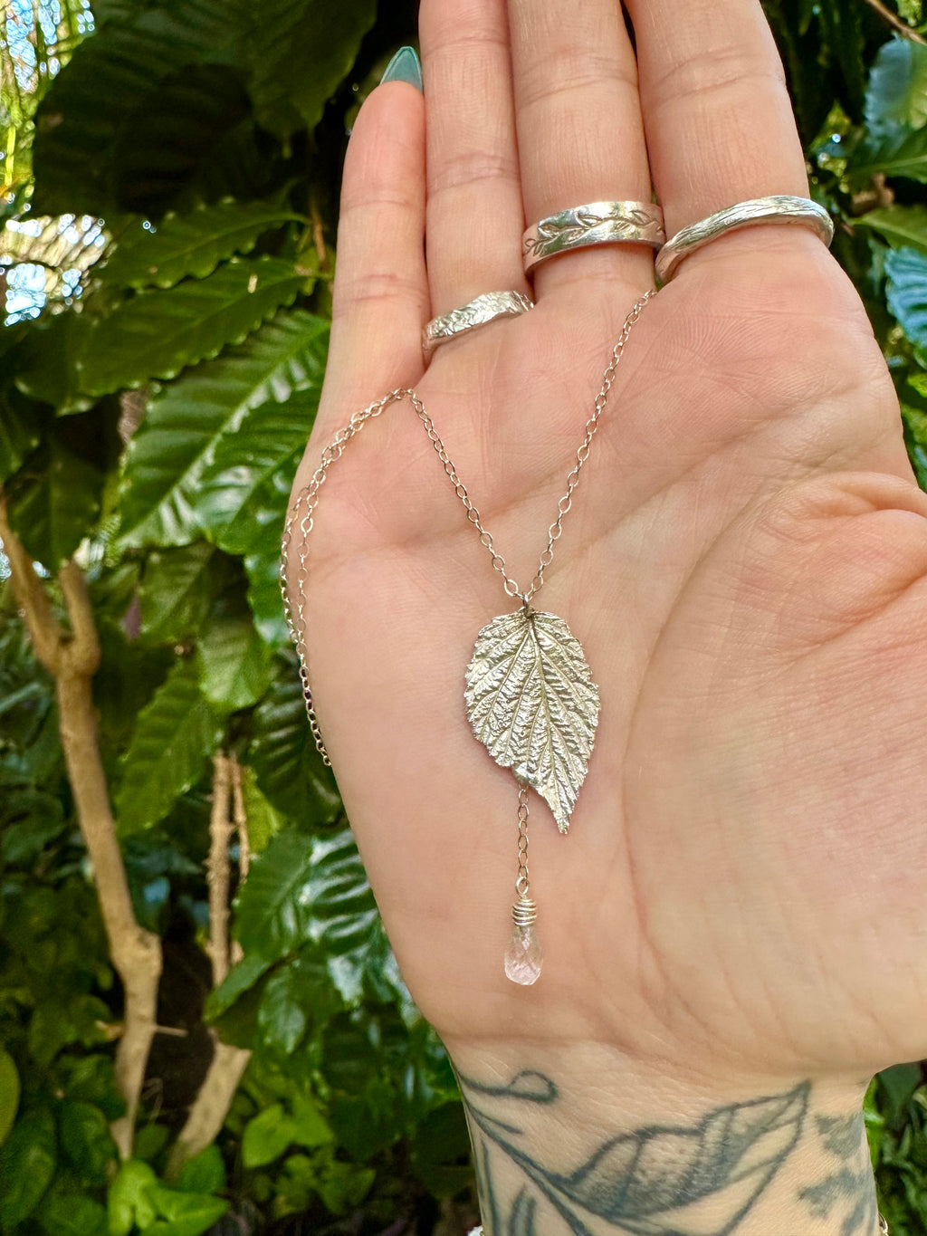elm leaf quartz drip sterling silver necklace
