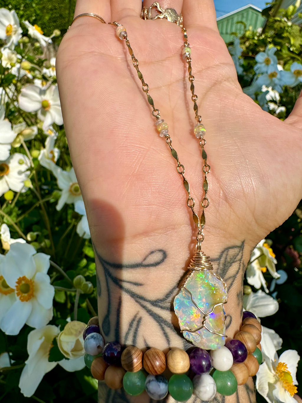 ♡one of one♡ raw opal necklace with detailed gold chain