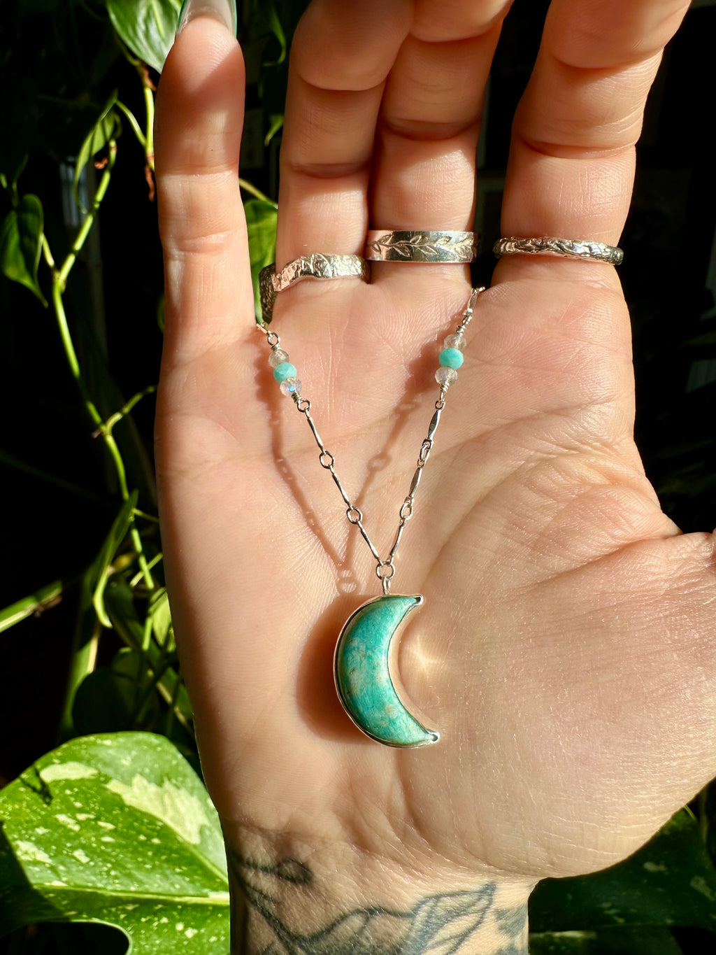 amazonite moon sterling silver necklace