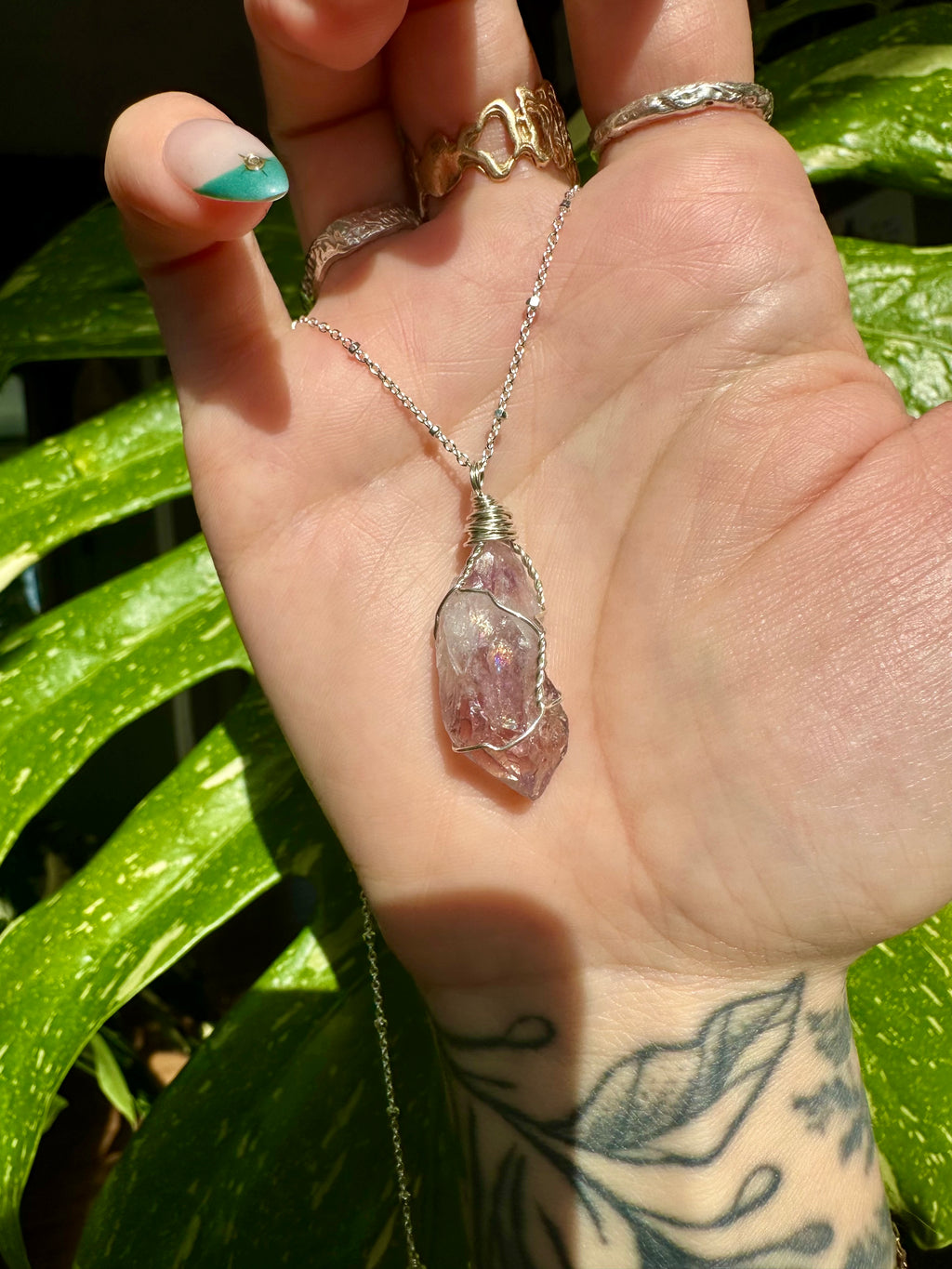 rainbow raw amethyst sterling silver necklace