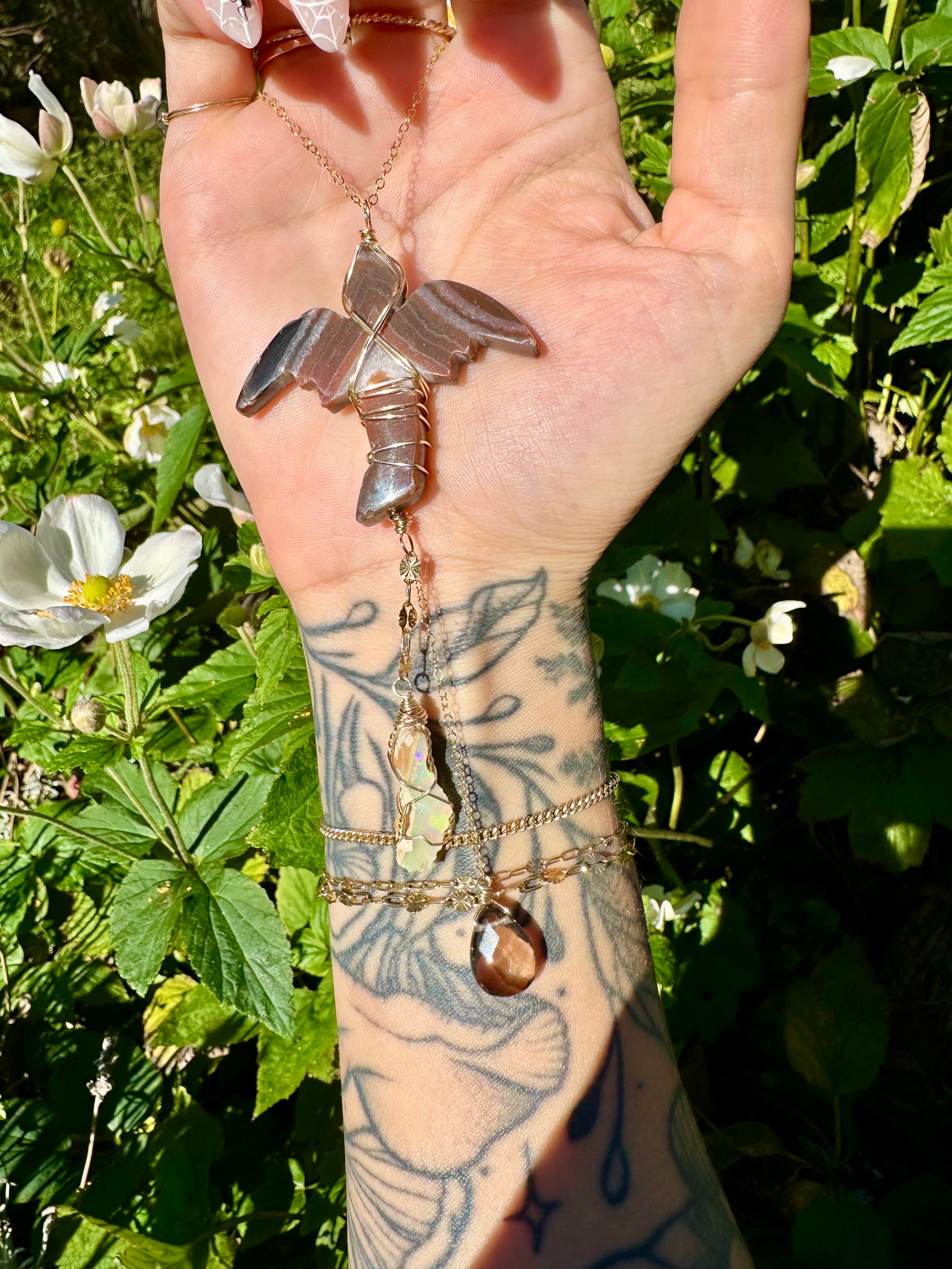 *one of one* carnelian dragon with raw opal smoky quartz cascading below • 14k gold fill mirror / window accessory