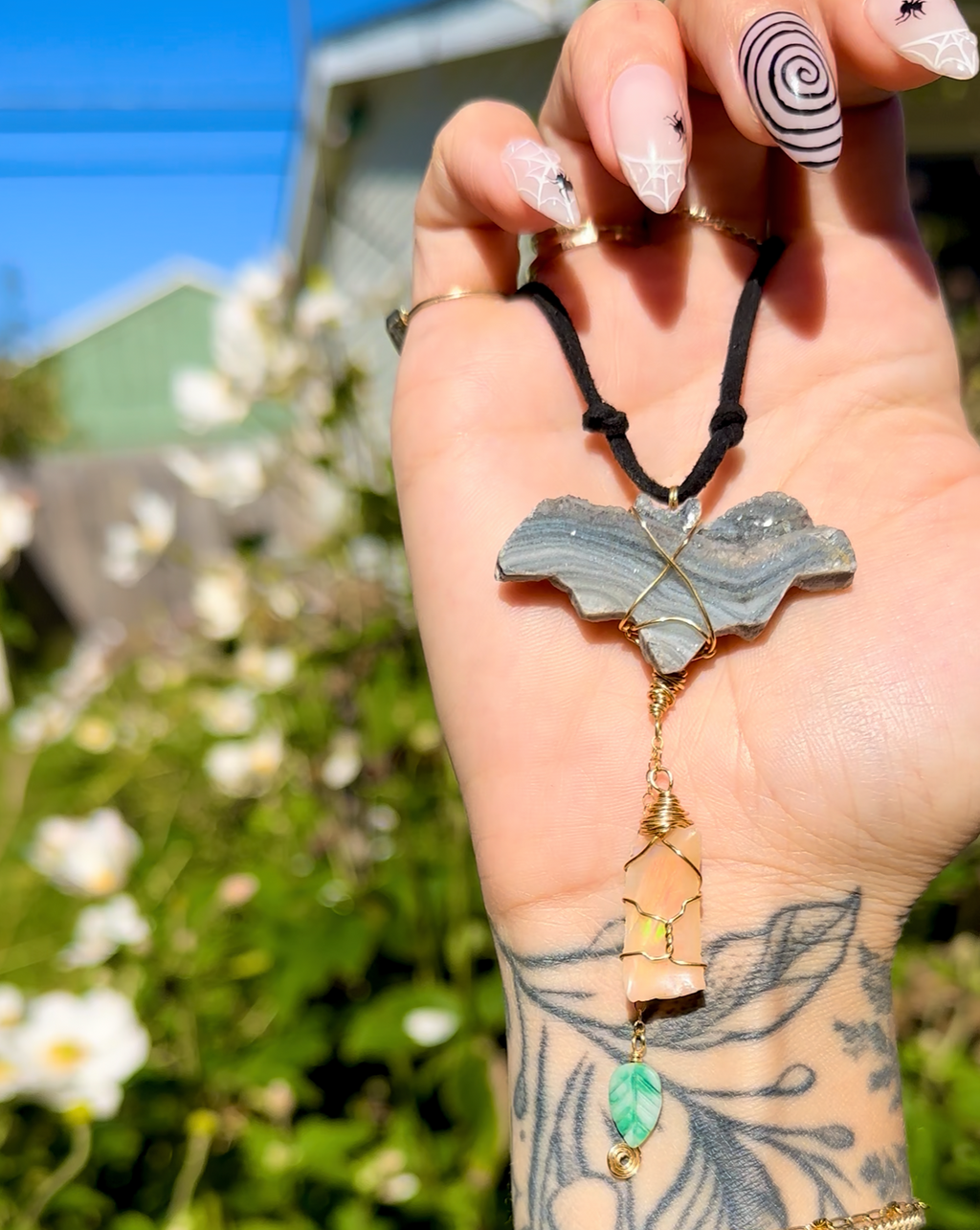 *one of one* chalcedony bat with raw opal & jade leaf cascading below • mirror / window accessory