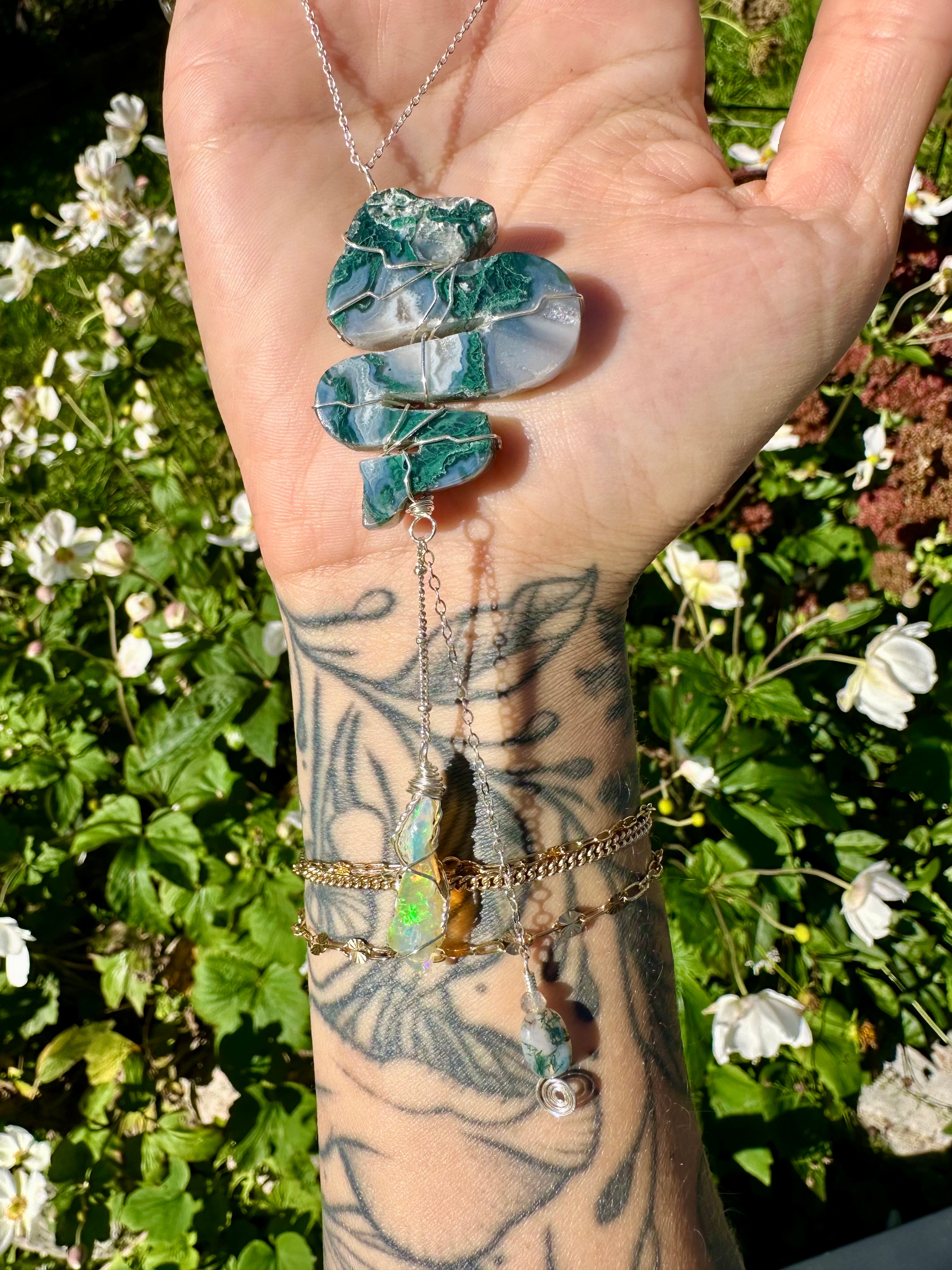 *one of one* moss agate snake with raw opal cascading below • sterling silver mirror / window accessory