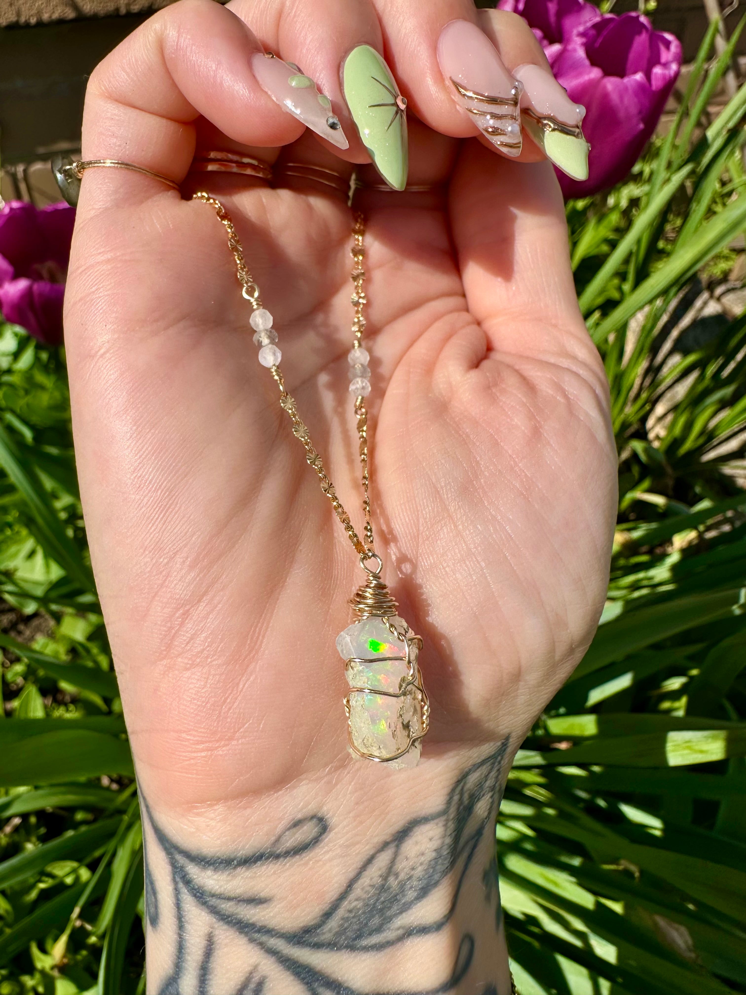 *one of one* ♡ iridescent raw opal necklace in 14k gold *